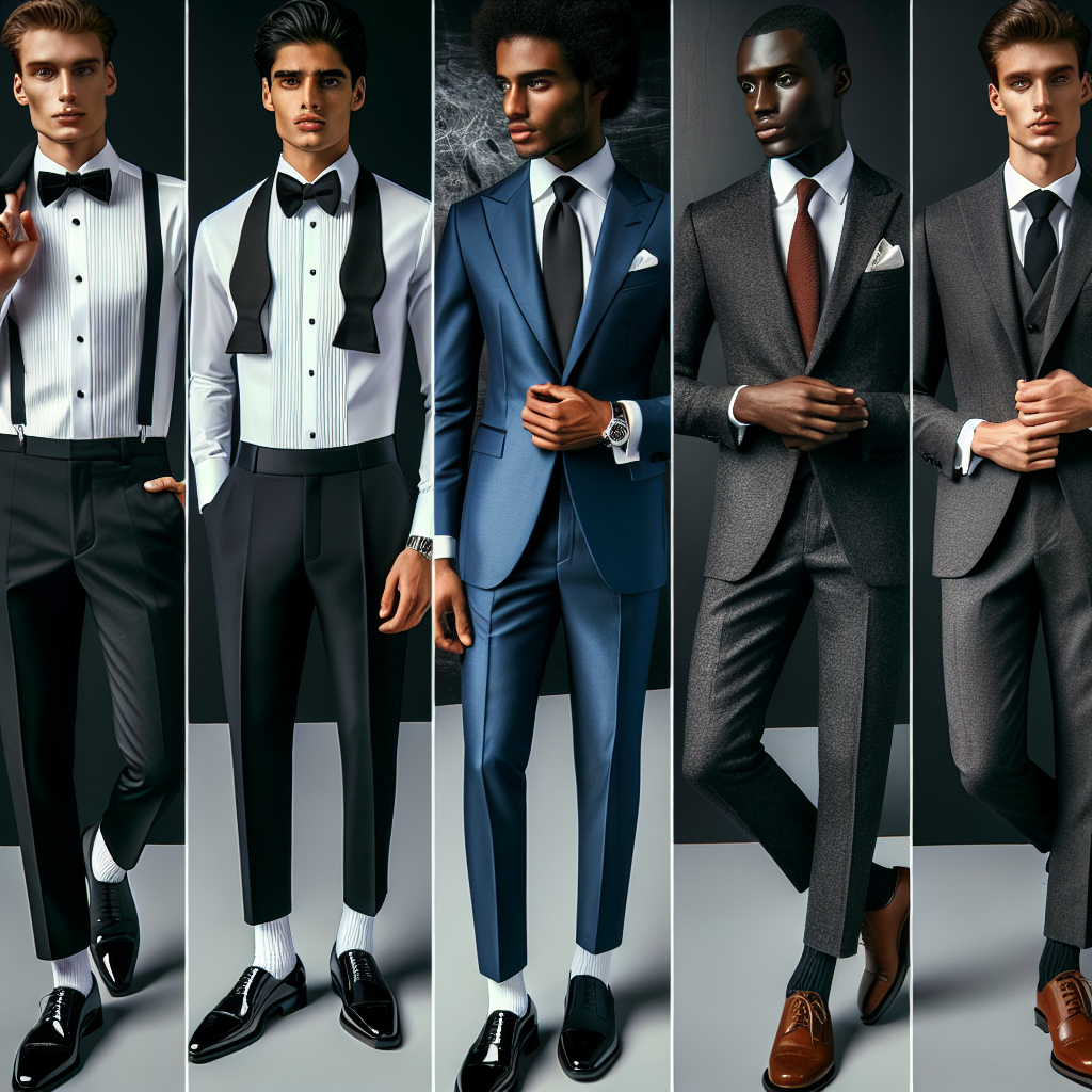 Must-Have Men's Outfits for Formal Weddings A fashion montage displaying a selection of must-have formal outfits for men attending weddings. The first ensemble comprises a tailored, crisp black tuxedo worn by a Hispanic man, paired elegantly with a white shirt, a black bowtie, patent leather shoes and a white pocket square. Next, an African man donning a neat blue suit with a matching tie and a smart round wristwatch. Lastly, a Middle-Eastern man in a sleek charcoal grey suit, matched with a red tie and brown brogues. These outfits define style, comfort, and elegance, making them the perfect choice for any formal wedding event.