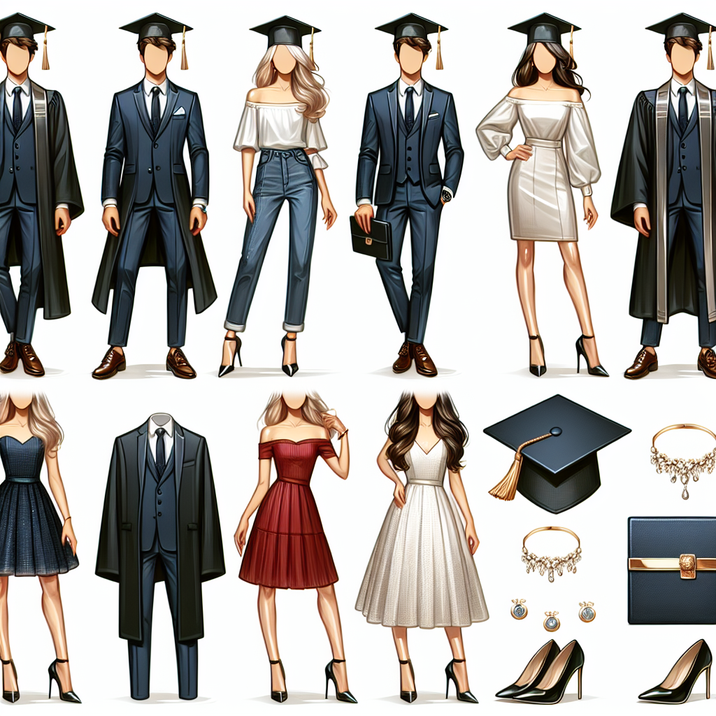 Stunning Styles: What to Wear Under Your Cap and Gown Showcase an array of elegant and fashionable graduation outfit ideas, suited beneath a cap and gown for both genders. Visualize a man wearing a suit with stylish accessories like a tie, cufflinks and polished shoes. Image of a woman in a classy dress with minimalistic jewelry, high heels and a fancy clutch. Male's decent being Caucasian and female's descent being Middle Eastern. Set the scene in a graduation ceremony filled with joy and excitement.
