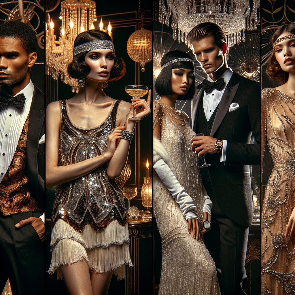 Glamorous party outfits in the 1920s style: a Caucasian woman in a glimmering flapper dress with sequins and feathers, a black man in an elegant suit and bow tie, a Middle-Eastern woman donning an intricate beaded gown and a headband, and an Asian man in a sharp tuxedo with a pocket watch. The scene also includes a lavish party backdrop with 1920s art deco elements and a grand chandelier casting a glow revealing the effortlessness and chicness of these choices.