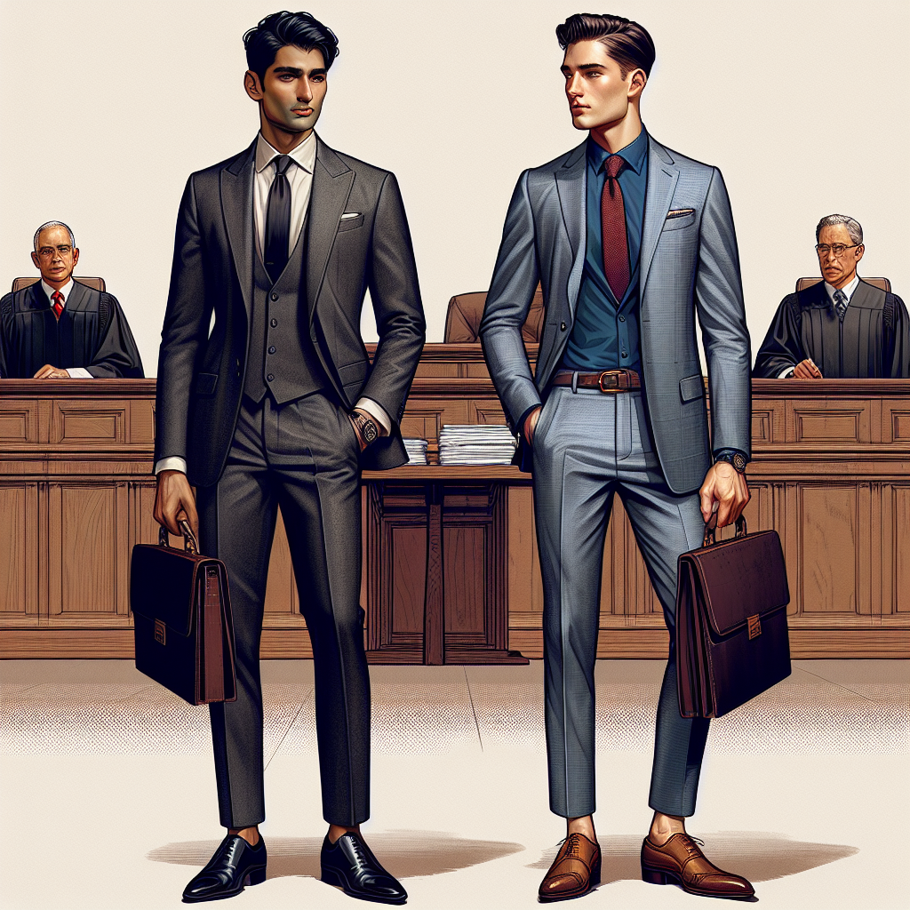 Visualize an article header for 'Dress to Impress: Must-Have Court Attire for Men'. The image reflects a South Asian male dressed in a charcoal grey suit, with a crisp white shirt underneath, black necktie and polished black shoes. He carries a dark brown leather briefcase. Beside him stands a Hispanic male exhibiting a navy blue suit, light blue shirt, red tie, and brown brogues. He holds a stack of legal documents. They should both look professional, confident, and ready to impress. The background should include a court setting, perhaps with the hint of a jury bench or judge's stand.