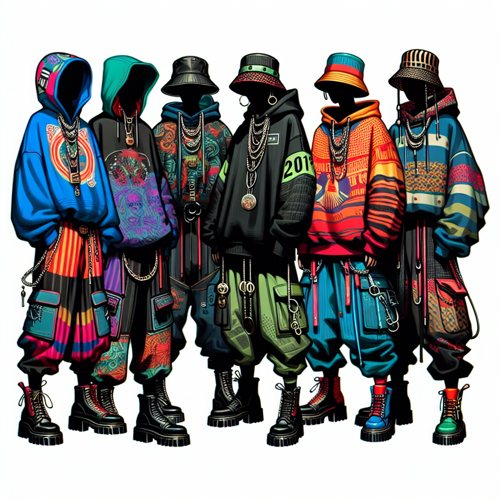 Create a representation of must-have outfits for a trendy 2024 pop music concert. Imagine these outfits as a combination of vibrant colors, edgy designs, and oversized fit. The outfits are unique, featuring large hoodies, bucket hats, and bold-patterned baggy pants. Each of them would be perfectly paired with chunky boots and lots of layered jewelry for extra flair. An atmosphere of excitement and music should surround the scene.