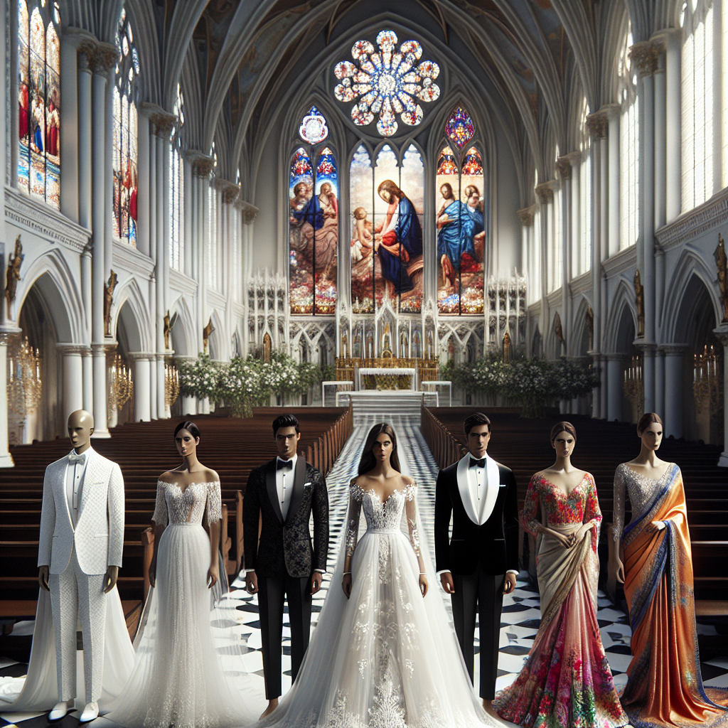 Visualize a variety of elegant church wedding attire laid out to capsulate their beauty. Imagine a white aisle in a traditional church, lit by resplendent stained-glass windows showing biblical scenes. On display is an array of exquisite attire options: a luxurious, off-the-shoulder white lace gown modelled by a Caucasian woman, a modern, suave tuxedo worn by a Black man, and a classic silk saree in vibrant colors showcased by an Asian woman. They all radiate sophisticated tailored details and style, harmoniously combining traditional elements with a classy, modern twist.