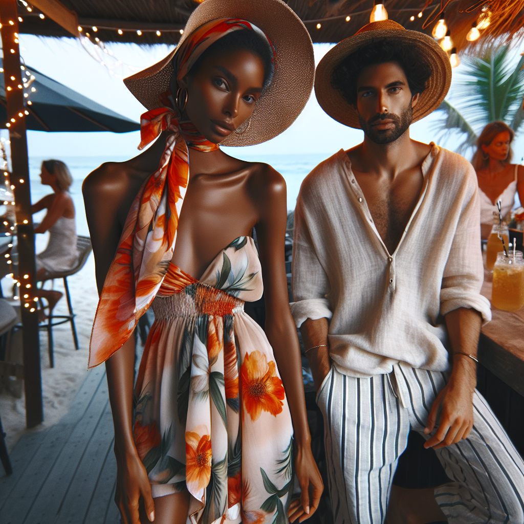 Create an image of a fashion-forward scene at a beach bar. Show a confident black woman wearing a flowing sun-dress accentuated by a bright, floral headscarf. She is accompanied by an easygoing Middle-Eastern man sporting lightweight linen trouser ensemble paired with a straw hat. They're savoring the laid-back atmosphere, adorned by twinkling fairy lights and palm trees swaying in the gentle breeze. The outfits subtly express the vibrancy of the beach and the casual sophistication of the bar, embodying effortless style.
