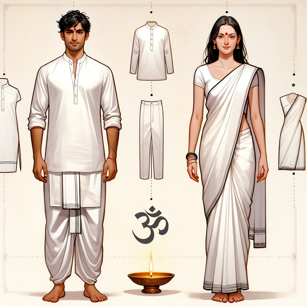 Exclusive Guide: Best Outfits for Hindu Funerals A visual guide showcasing the recommended attire for a Hindu funeral. The image should feature both a male and female model. The gent could sport a simple, loose-fitting white kurta-pajama and the lady could showcase a plain white sari with no embellishments. Emphasize the lightness and simplicity of these outfits, both being the hallmark of traditional Hindu mourning clothing. Include some universally recognizable symbols of Hindu spirituality, like the Om symbol or a lit oil lamp in the background to provide cultural context.