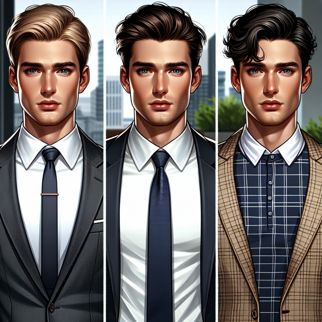 Must-Have Styles for Men: Best Under-Blazer Looks Create a detailed image featuring three men of different descents, one Caucasian, one Hispanic, and one South Asian, all styled in must-have under-blazer looks. Each man should have a distinctive style, tailored to convey a sense of individual personality and fashion sensibility. The first one is wearing a crisp white shirt with a modern slim tie. The second one is wearing a casual polo shirt, presenting a more relaxed vibe. The third one is wearing a classic button-down shirt in a check pattern. They are in a setting appropriate for fashion, perhaps an urban background or a chic boutique.