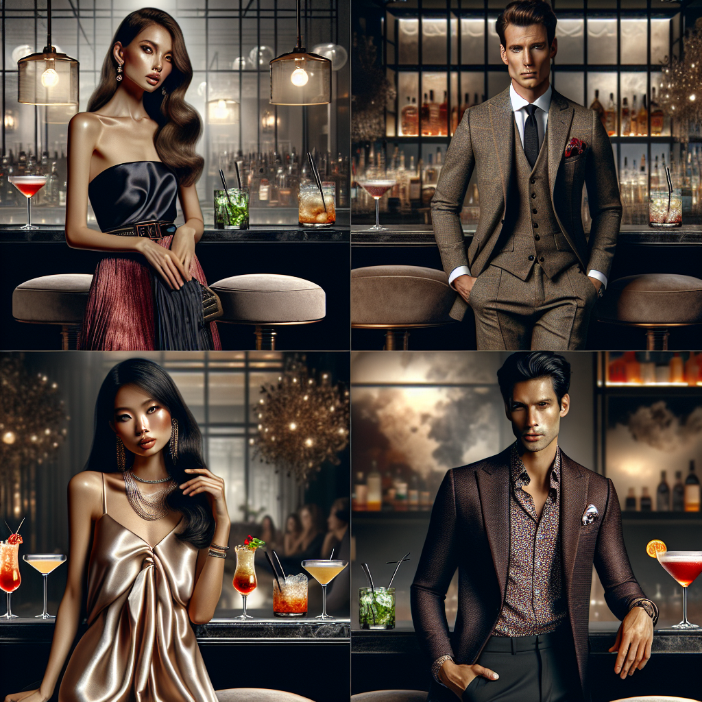 Depict various high-end fashion looks suitable for cocktail bar outings. Showcase four different outfits, each modeled by a person of different descent - a Caucasian woman wearing an elegant cocktail dress with statement accessories, a Hispanic man donning a sharp suit with a classy pocket square, an Asian woman radiating in a satin jumpsuit and on-trend jewelry, and a Black man exuding cool in a tailored blazer and patterned shirt. Set the scene against a luxurious cocktail bar's ambient background with dim lighting, plush chairs, and an array of colorful cocktails on a clean, glossy counter.