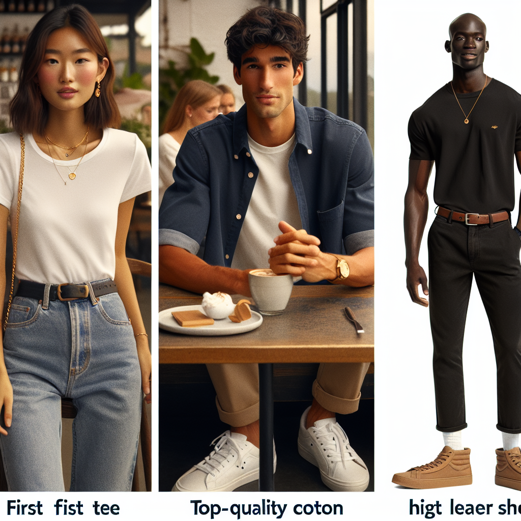 A variety of casual outfits suitable for a first date. Three different people of diverse ethnic backgrounds are shown. The first is a South Asian woman wearing a simple white tee paired with denim jeans and white sneakers, accessorized with a dainty gold necklace. The second is a Hispanic man wearing a relaxed fit dark denim shirt with khaki chinos and brown leather shoes. Lastly, an African male wearing a logo free, top-quality cotton t-shirt, black jeans and high top trainers. Each setting is a casual, relaxed atmosphere such as a coffee shop or park.