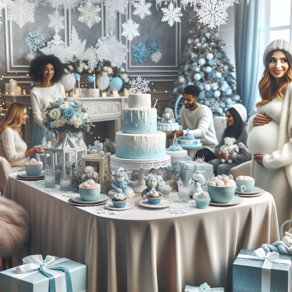 An elegant, cozy, and effortless winter baby shower scene. An indoor room decorated in icy blue and white color scheme, complete with a stunning iced cake on a table, decorated with winter-themed baby items. Snowflakes adorning the room, frosted cupcakes and steaming hot cocoa on a frosty looking tablecloth. Guests, a mix of Caucasian and Black men and women, warmly dressed and participating in baby-related activities. A corner of the room highlights a beautifully decorated mom-to-be chair, with a Middle-Eastern pregnant woman sitting, smiling, surrounded by beautifully wrapped gifts.