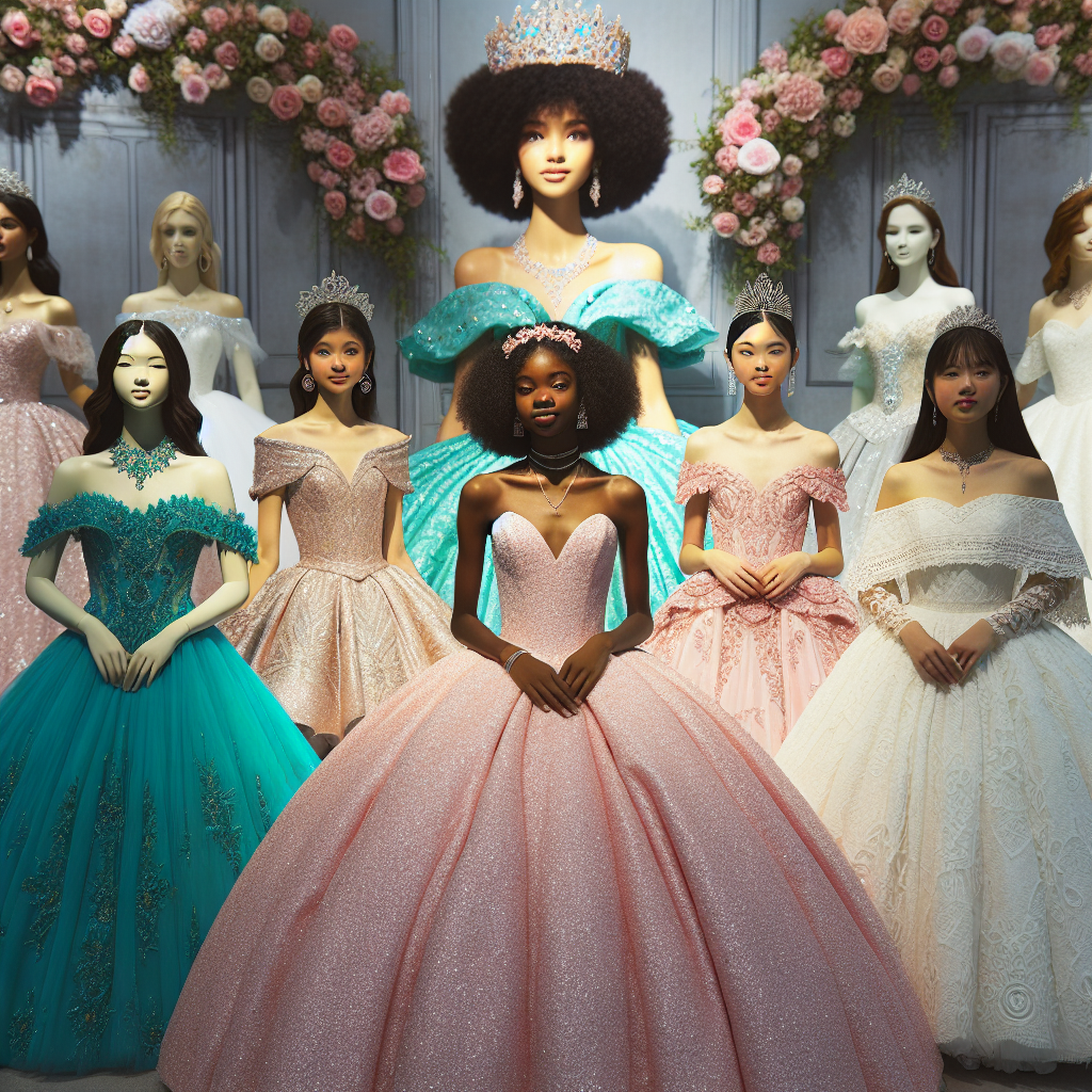 A beautiful display centering on a classic Quinceanera setting, showcasing a variety of potential looks and styles for the occasion. On the left, a South Asian young woman proudly presents a turquoise dress with exquisite embroidery. In the centre, an African-American girl in a glamorously sequined pink ball gown. To the right, an East Asian girl strikes a pose in a traditionally inspired white lace dress. Each of their looks is completed with matching accessories, from delicate headdresses to elegant gloves, reflecting a blend of modern and traditional influences in Quinceanera fashion.