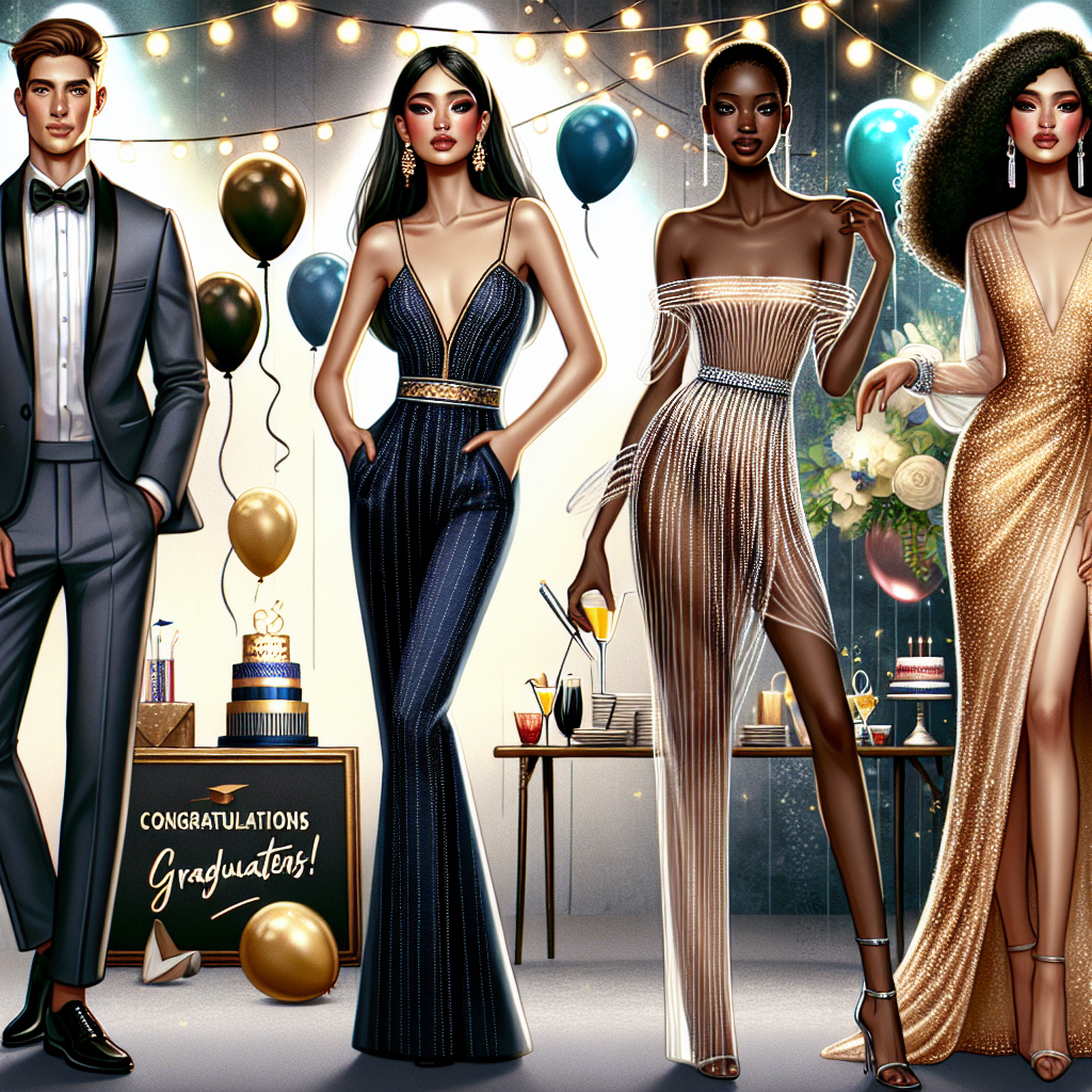 Stunning Outfits for Graduation Parties: Look Your Best Visualize a fashion scene showcasing stunning outfits for graduation parties. The scene should include three people of different descents: a Hispanic woman in a sophisticated jumpsuit with striking accessories, a Black man in a tailored tuxedo that exudes elegance, and a South Asian woman in a mesmerizing cocktail dress that radiates brilliance. The background should incorporate elements that signify a graduation party, such as balloon decorations, a banner that reads 'Congratulations Graduates!', and a table filled with festive refreshments. Make sure the lighting in the image is festive and captivating, enhancing the overall appeal of the outfits.