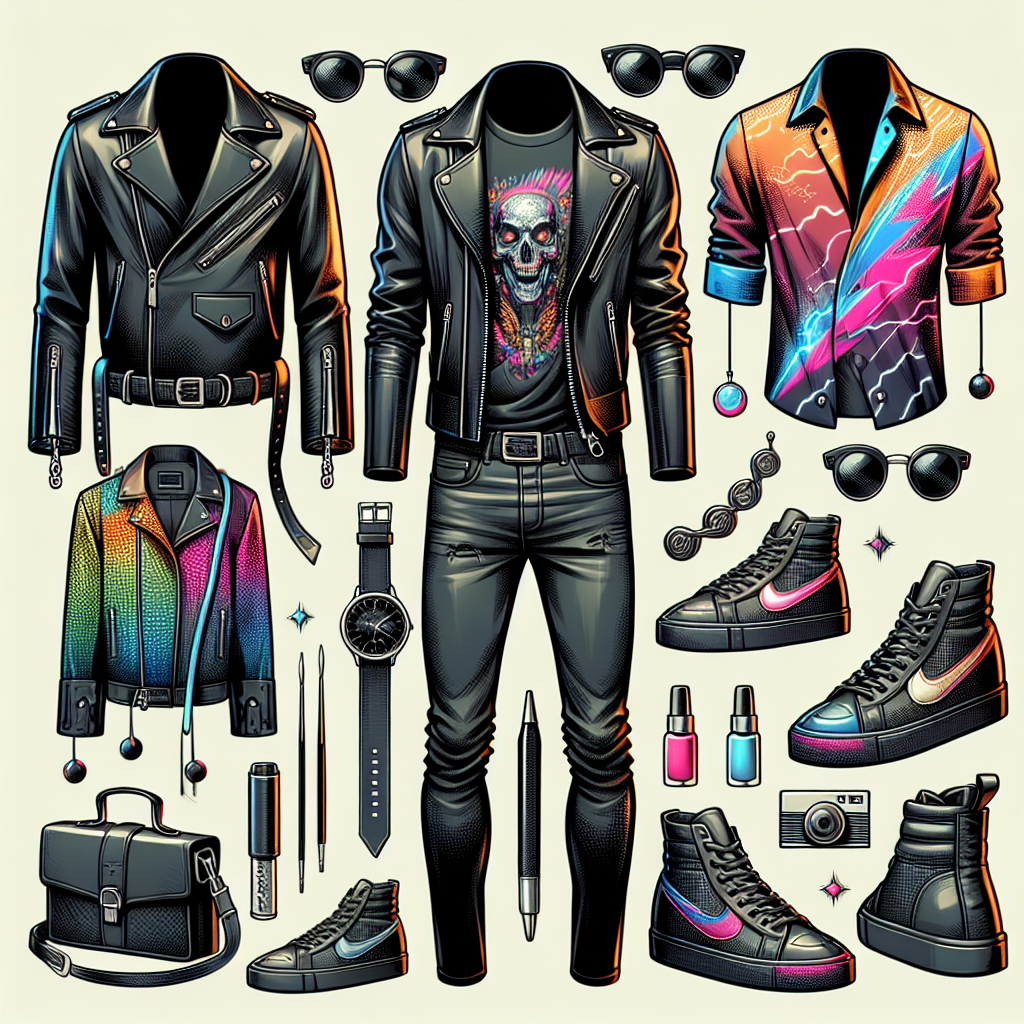 A cutting-edge fashion guide showcasing must-have looks for an unidentified male pop musician's concert in 2024! Show an array of trendy ensembles that are perfect for a spectacular music event. These could include a snazzy leather jacket with neon accents, a vibrant printed shirt paired with skinny jeans, and a sleek all-black outfit with silver accessories. For footwear, fashionable sneakers or classic boots could be illustrated. Remember to capture the energetic and cosmopolitan vibe of music concerts.