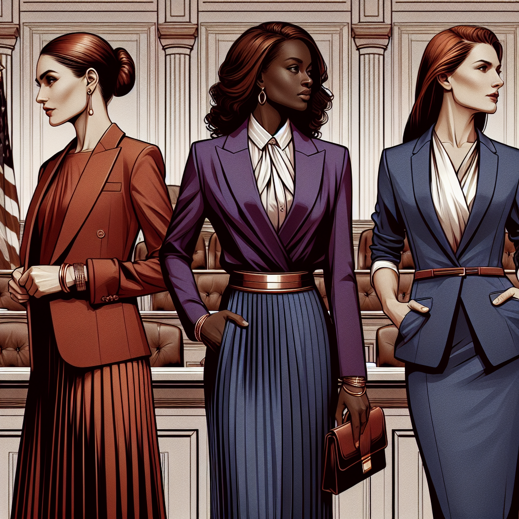 Stunning Court Outfits for Moms: Exude Confidence Visualize an elegant scene in a courtroom. In the center of this scene, focus on three confident mothers each donning their unique professional courtroom attire. One is a Middle-Eastern woman in her burgundy pleated skirt paired with a well-tailored blazer; another is an African woman embracing her style with a royal blue A-line dress, and finally, a Caucasian woman standing strong in her sleek gray pantsuit. Their outfits are not only fashion-forward but also exude a strong sense of authority and confidence, perfect for a court appearance.