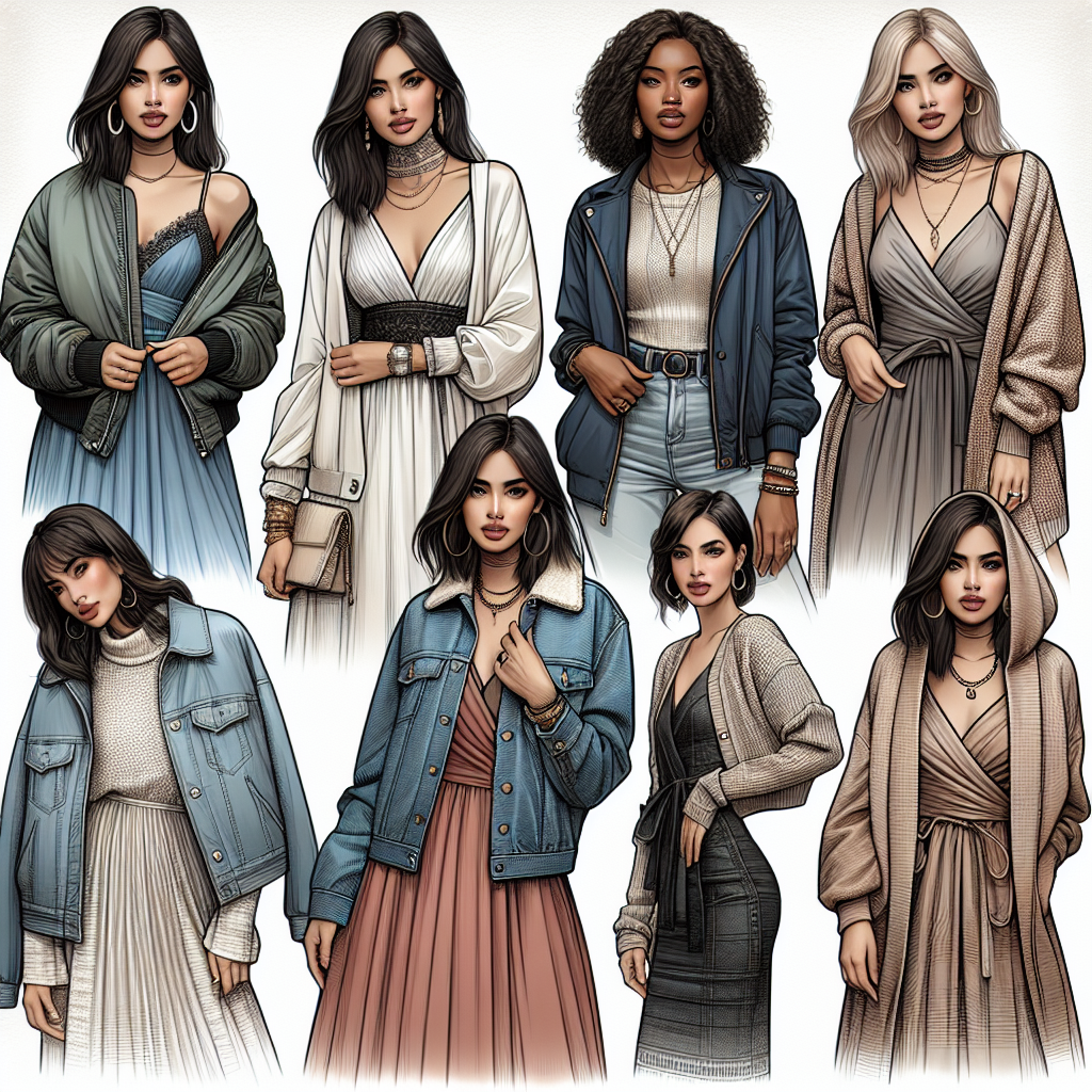 Create a highly detailed image showcasing a variety of ways to layer clothing over a halter neck dress. The scene should display an array of diverse fashionable women, with each one representing a different style. Illustrate a Caucasian woman in a chic bomber jacket over her dress, a Black woman in a stylish denim jacket, a Hispanic woman with a cozy oversized cardigan, a Middle-Eastern woman with a sleek blazer, and a South Asian woman donned in a vintage jean jacket. Compile these images into one comprehensive collage that explores different ways of wearing a halter dress.