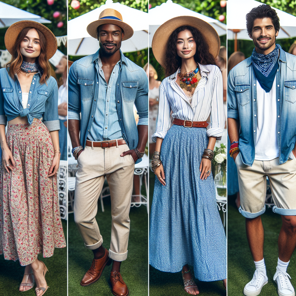 Envision four individuals each wearing a jean shirt at a garden party. The first is a Caucasian woman pairing her jean shirt with a floral skirt and straw hat. The second person is a Black man, elegantly dressing his jean shirt with khaki trousers and a summer straw fedora. The third is a South Asian woman teaming her jean shirt with wide-legged white trousers and statement jewelry. Lastly, a Hispanic man wears a jean shirt with rolled-up sleeves, colorful shorts, and a bandana around his neck. Each of them is smiling and enjoying themselves.