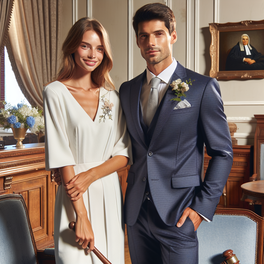 An elegant Caucasian woman and a Hispanic man, both in late 30s, standing together. The woman is wearing a stylish knee-length white dress with a small floral brooch at the chest, while the man is in a navy blue suit and a light grey tie. They both have confident smiles on their faces. In the background, a tastefully decorated room signifying a courthouse wedding with vintage wooden furniture, royal graduation of blue and white to note the noble, solemn ambience of a court wedding. A large wooden judge's gavel rests on a side table.