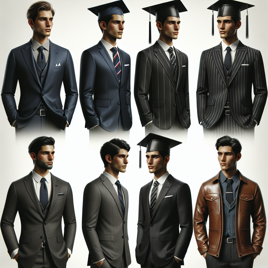 Display a series of outfits to wear for a graduation ceremony for men of various descents including a Caucasian male in a sharp navy blue suit paired with a matching mortarboard, a Hispanic male donning a stylish charcoal grey suit and tie complemented by a graduation cap, an Asian man in a modern pinstripe suit with a matching graduation hat, a black male looking elegant in a classic black suit and graduation cap, and a Middle-Eastern man wearing a dapper brown leather jacket over a button-down shirt, tie, and matching graduation garb.