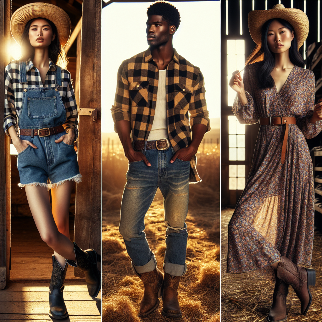 Must-Have Outfits for Country Concerts: Trendy & Effortless An image showcasing three different trendy and effortless outfits suitable for country concerts. The first outfit is on a Middle-Eastern woman who exhibits a modern twist on the classic cowboy look, including a cute denim overall and checkered shirt combination paired with a leather belt. The second outfit is embraced by a Black man, featuring a trendy plaid shirt, rustic jeans, and worn-out cowboy boots. The third is presented by an Asian woman in a flowy paisley print dress paired with a straw cowboy hat. All three are standing casually in a rustic barn setting lit by warm, golden sunlight.