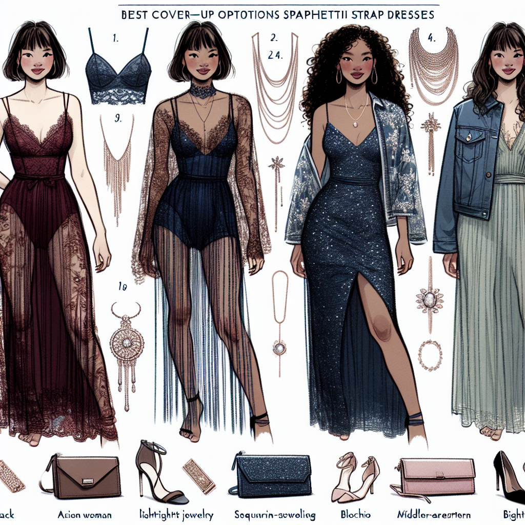 Exclusive Guide: Best Cover-Ups for Spaghetti Strap Dresses Imagine an elaborate style guide layout featuring a variety of best cover-up options for spaghetti strap dresses. On the left section, illustrate an Asian woman elegantly clad in a sheer, lacy shrug over a midnight blue spaghetti strap dress. Slightly towards the centre, depict a Black woman, gracefully wearing a lightweight, sequin-spangled bolero over a ruby red spaghetti strap dress. Display a woman of Middle-Eastern descent on the right side, adorning a chic, embroidered denim jacket over a pastel green spaghetti strap dress. Complement the main graphics with suggested pairing accessories like statement jewelry, clutches, and high heels.