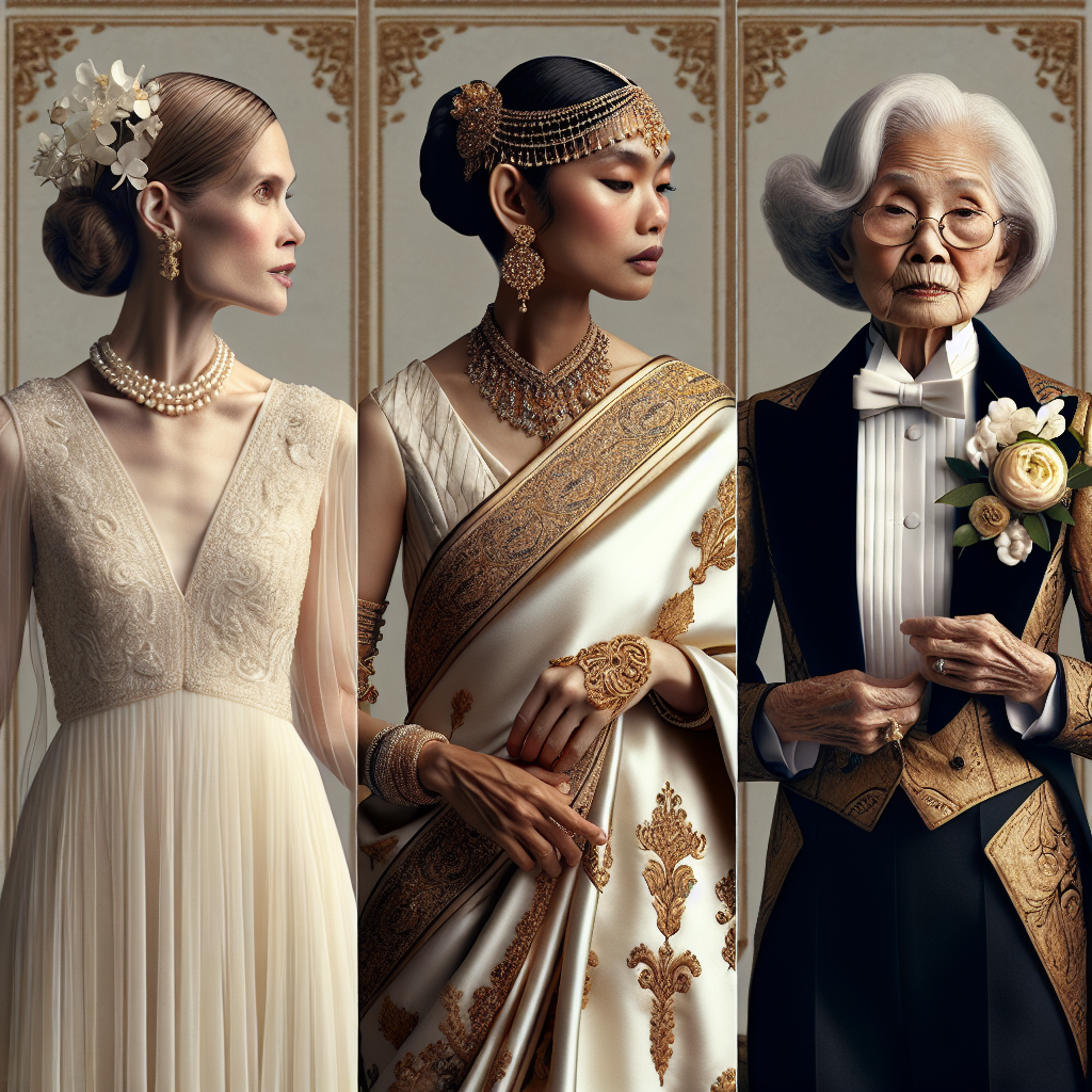 An artistic display of three different wedding styles for grandmothers, projecting effortless elegance. One style showcases a traditional ivory chiffon dress, with a gentle V neckline, draped with an exquisite pearl necklace. Another style features a black Asian elderly woman in an elegant silk sari with elaborate gold embroidery, complemented with an ornate jeweled headpiece. The third style displays a Hispanic grandmother adorned in a classically tailored tuxedo with a floral corsage at the lapel, exuding a certain charm. Each grandmother carries an air of dignity and grace.