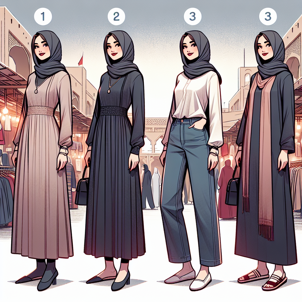 Stunning Guide: What to Wear in Bahrain as a Woman A full-length visual guide showcasing a woman in Bahrain and what to wear. Depict her standing in a bustling and brightly lit outdoor market. She is of Middle-Eastern descent, with a fashionable and respectful hijab. To demonstrate versatile style, split the image into four sections, each with the same woman in different attire: one with an abaya and ballet flats, another with a long skirt and loose blouse, the third with a long tunic and jeans, and the final outfit could be a traditional thobe. Ensure the image portrays a sense of cultural appreciation and respect.