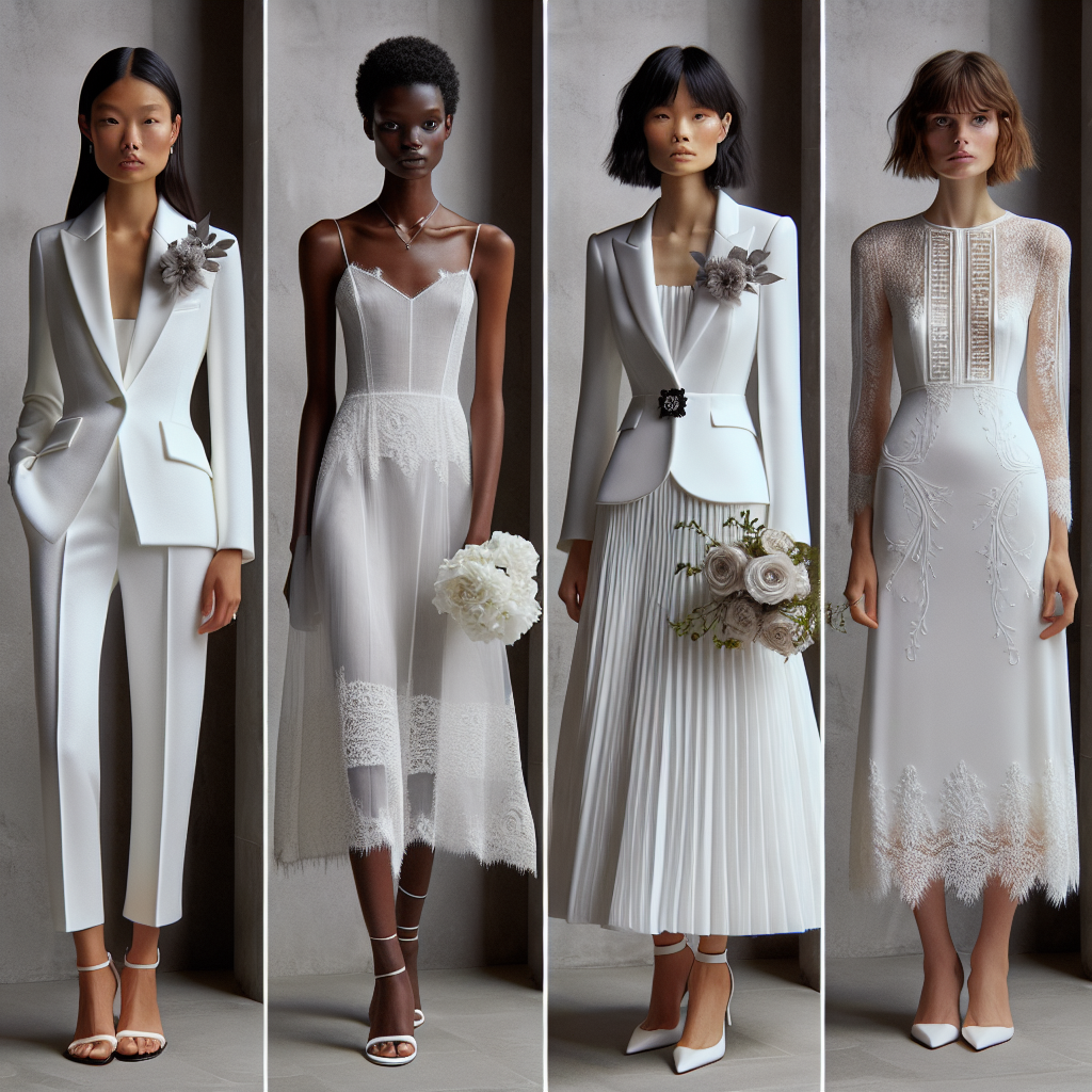 Stunning Courthouse Wedding Dress Ideas for Every Bride A selection of luxurious, elegant yet understated wedding dresses perfect for a courthouse wedding. An Asian bride is wearing a chic, white tailored suit with a corsage. A black bride is adorned in a vintage-inspired tea-length dress with lace details. There's also a Hispanic bride in an unconventional white jumpsuit exhibiting her contemporary style, and a Caucasian bride elegantly dressed in a knee-length white dress reflecting classic simplicity. Each piece embodies their individual style while keeping the solemnity of the courtroom wedding.