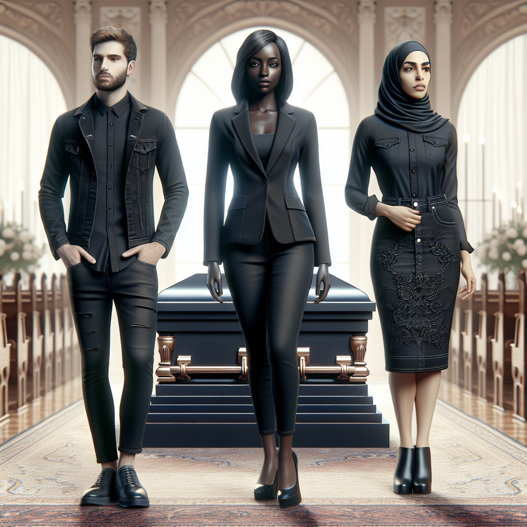 Create an image that vividly illustrates the concept of an innovative solution to funeral attire. Opt for a scene where three individuals are demonstrating their unique, respectful styles of dress for a funeral occasion. The central character is a black woman in her mid-thirties, dressed in a tailored black denim blazer. To her right, a Caucasian man in his twenties has chosen a slim-fit black denim shirt, paired with polished leather shoes. On the opposite side, a middle-eastern woman of around forty is displaying finesse in a knee-length black denim skirt with matching accessories. The background should exhibit a solemn ambiance, capturing the funeral atmosphere effectively.