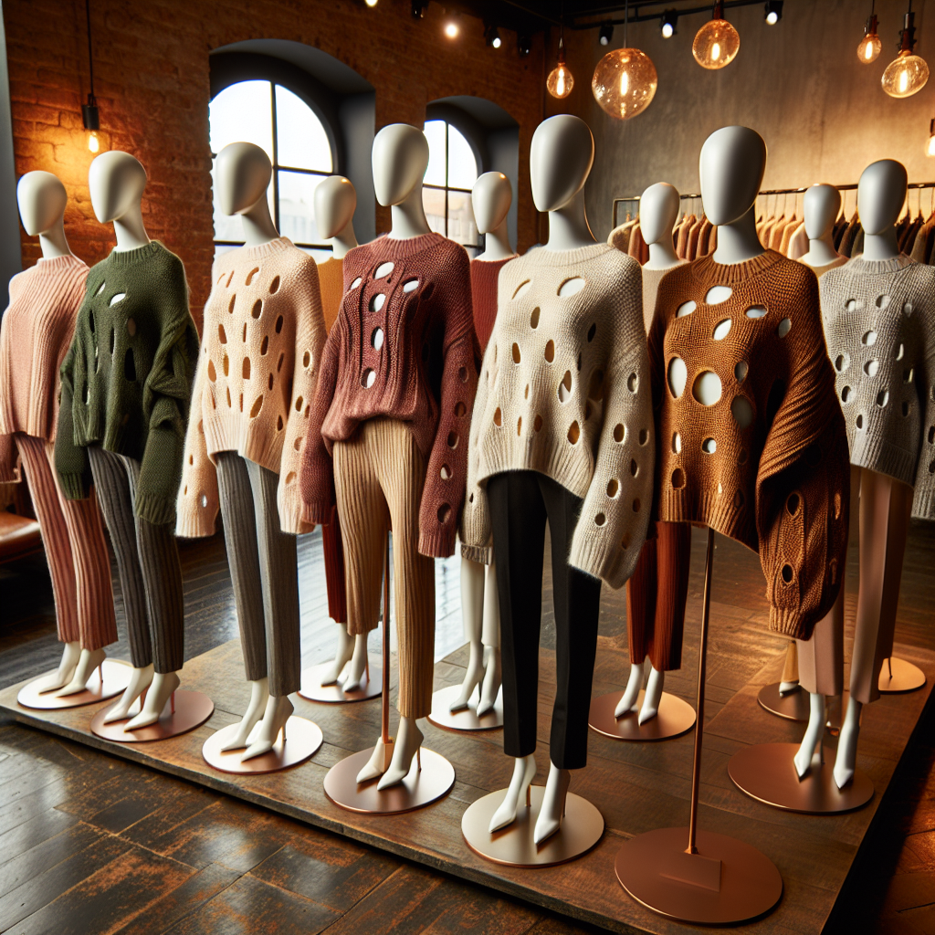 Must-Have Styles for Sweaters with Holes Visualize an assortment of stylish sweaters with intentional, strategic holes as a part of their design. Show an array of these garments on a row of mannequins, each mannequin of a different body type and wearing a different color sweater. The sweaters should display a variety of patterns and hole placements, like strategically aligned holes on the shoulders, sleeves or diagonally across the torsos. Use warm and cozy colors for the sweaters, like forest green, burgundy, soft pinks, mustards and off-whites. Include a backdrop of a trendy boutique store with exposed brick walls and warm lighting.