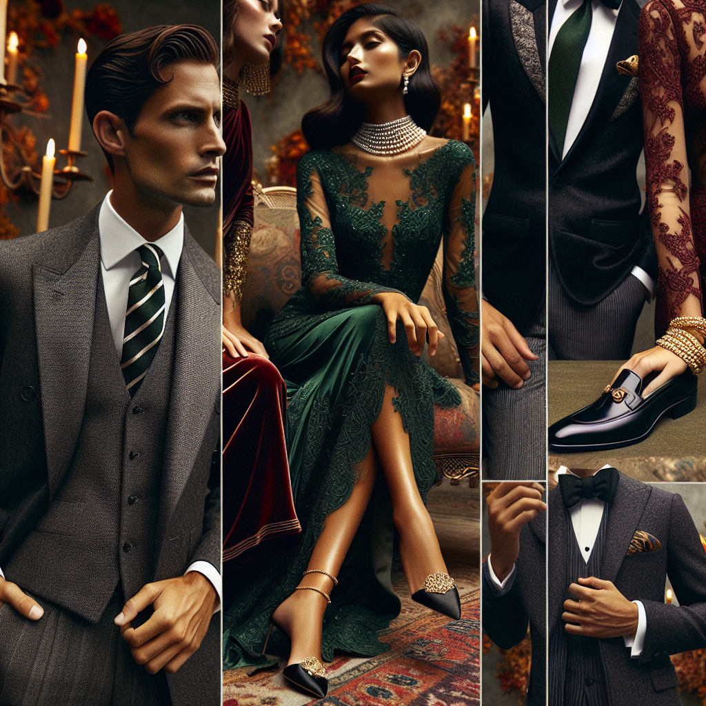 Envision a gently lit scene of a November wedding, teeming with elegantly dressed guests. First, capture a black-tie dressed, Caucasian man oozing confidence in a charcoal grey, well-tailored suit, striped tie, and polished loafers. On his arm, a South Asian woman glows in an emerald green, long-sleeved, lace-adorned gown, pearls glistening at her collarbone. Nearby, a Middle Eastern woman dazzles in a sophisticated, deep red velvet dress paired with golden accessories. Lastly, a Hispanic man complements the autumn milieu in a dark navy, tastefully fitting suit paired with a vintage silk pocket square. The flamboyant colors, rich fabrics, and intricate details express the essence of November weddings.