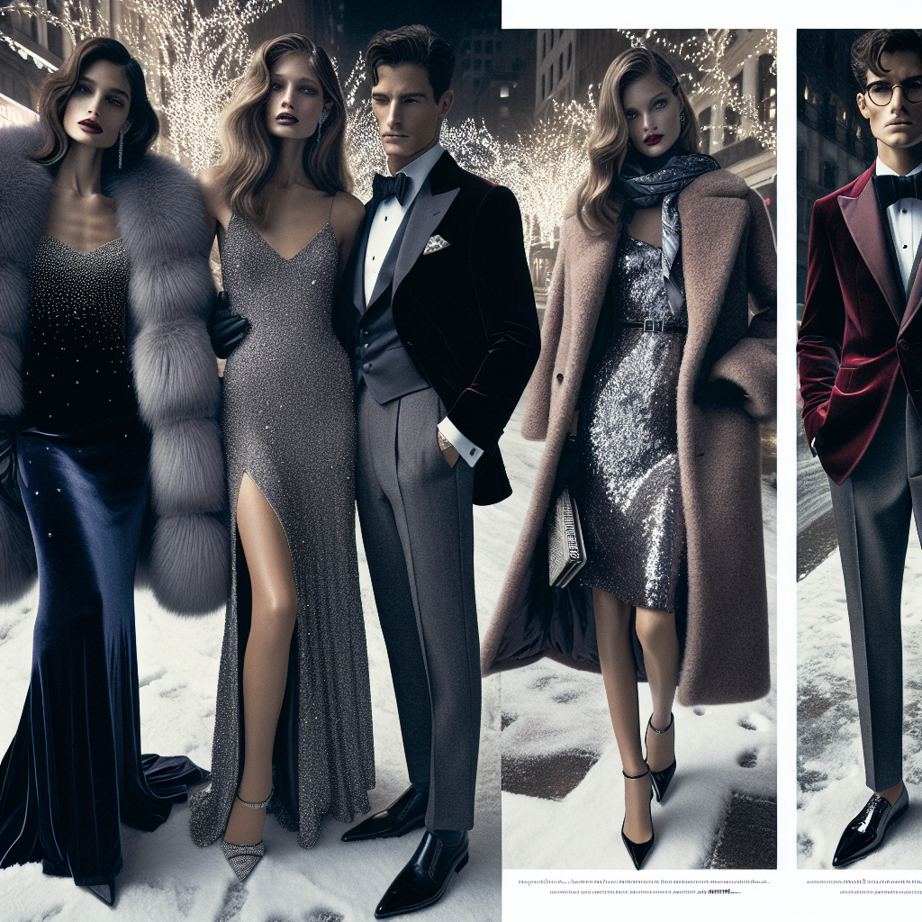 A fashion magazine spread showcasing winter formal style. The first woman, of Hispanic descent, is wearing a stunning navy velvet gown with crystal embellishments, paired with a faux fur stole. The second woman, of Caucasian descent, is dressed in a silver sequin cocktail dress with a sophisticated woolen coat draped over her shoulders. Finally, a man, of South Asian descent, is wearing a classic burgundy tuxedo with a silk scarf and black patent leather shoes. The backdrop is a snow-covered street lit with Christmas lights, heightening the festive winter mood.
