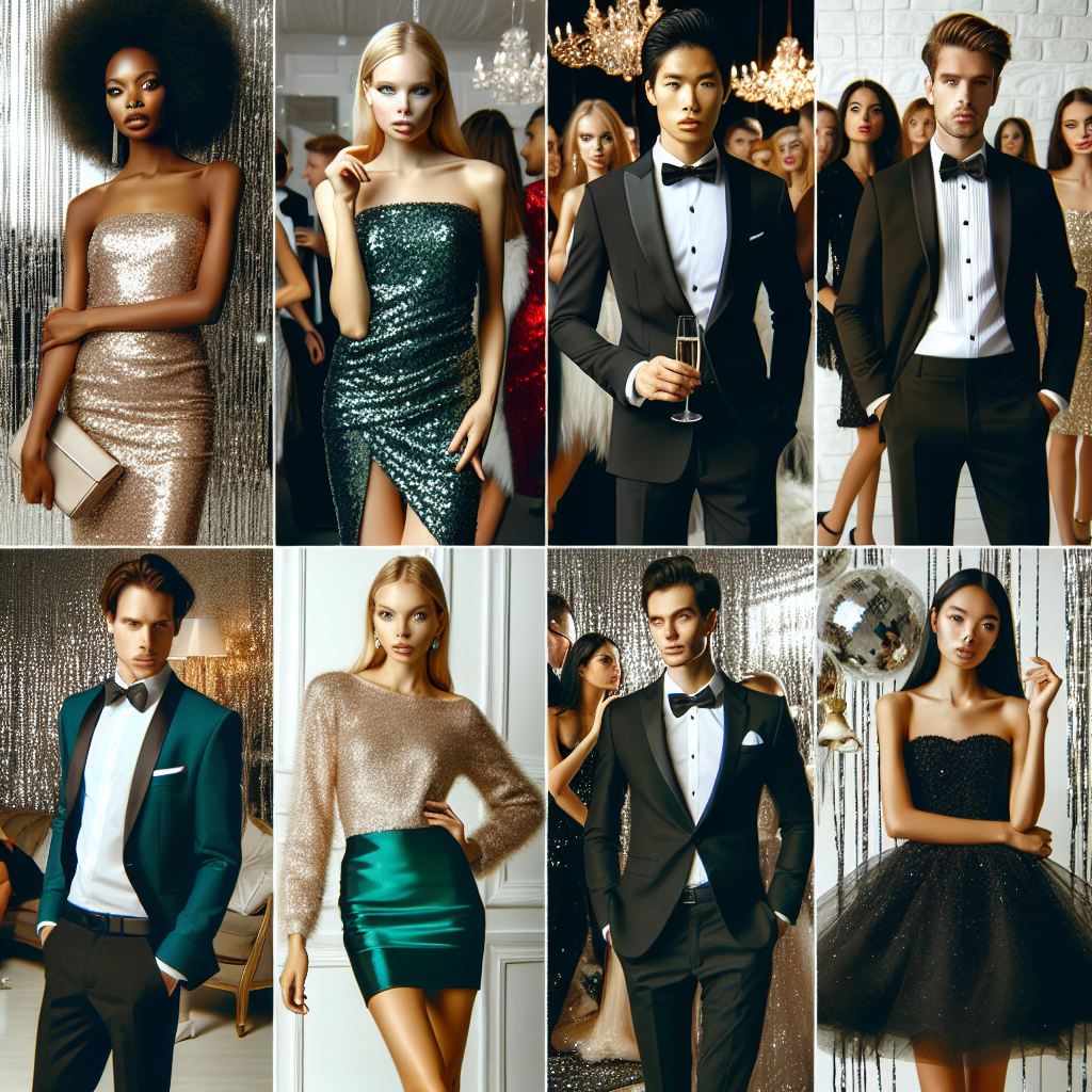 Dress to Impress: Stunning Looks for Every Party A fashionable montage showcasing various party outfits. Include an African black woman wearing a sophisticated sequin gown in champagne color, an Asian man boasting a stylish tuxedo, a South Asian woman dressed in a trendy cocktail dress in emerald green, a Caucasian man appearing in a classic black suit, and a Middle Eastern woman donning a chic little black dress. Add an ambiance of a classy party with glittering decorations, bright lights and people mingling in the background.