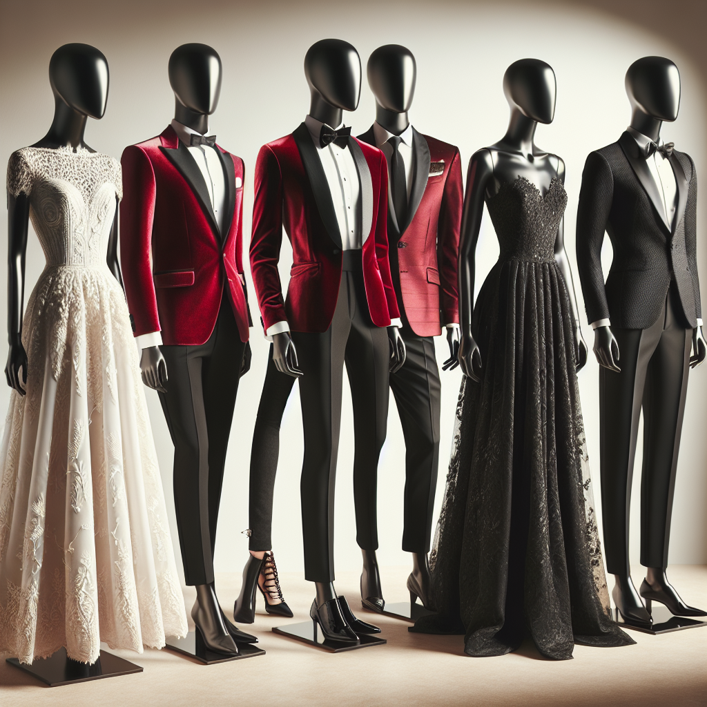Showcase a range of five different elegant cocktail party outfits displayed on mannequins. Each outfit should possess finesse and style that is unique. From left to right: the first outfit is an elegant white lace dress on a Middle Eastern female mannequin; the second outfit is a red velvet blazer paired with black trousers on an Asian male mannequin; the third outfit showcases a stylish jumpsuit on a Black female mannequin; the fourth consists of a well-tailored suit on a Hispanic male mannequin; the final outfit is a sophisticated black gown on a Caucasian female mannequin.