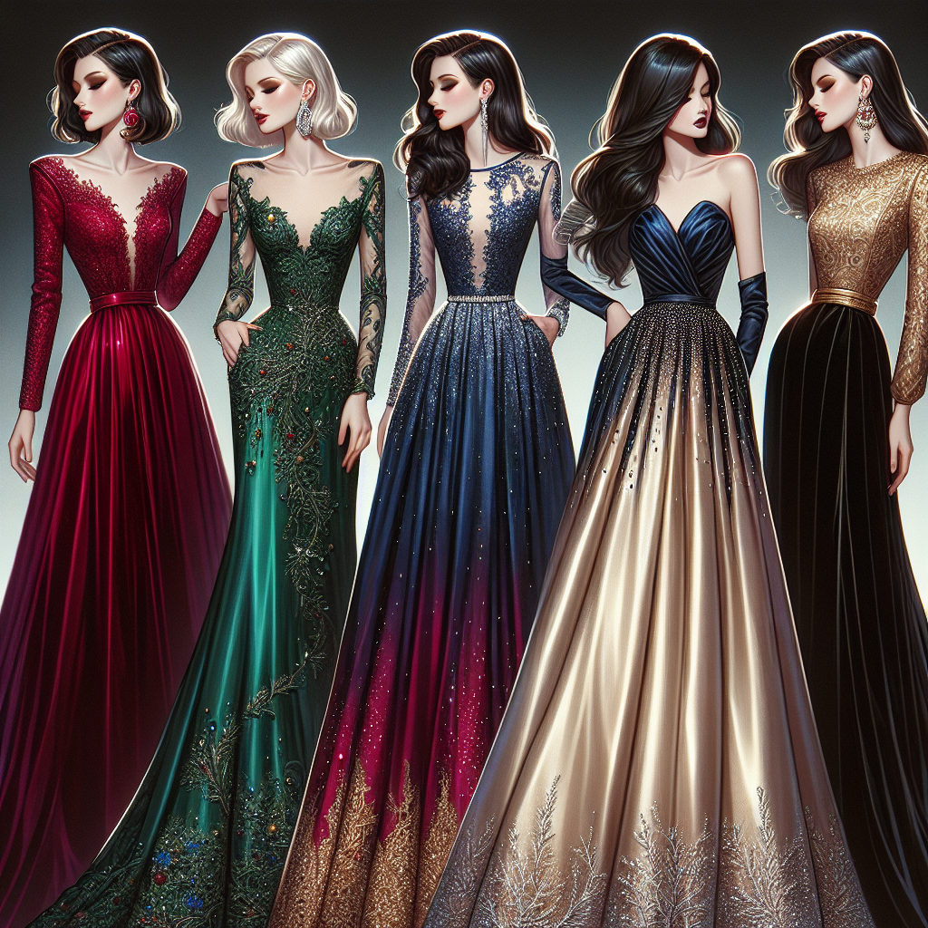 A collection of five stunning evening gowns, each carefully designed for a high-profile event. These include a crimson velvet gown with a high-collar and long trailing skirt; an emerald satin dress with an intricately woven lace bodice; a regal dark blue gown sprinkled with sparkling gems evoking a starry night; a golden silk dress adorned with delicate pearls, and a classic black velvet dress with silver embroidery along the bodice. Each dress signifies effortless elegance and power. Inclusion of a variety of models of different descents and genders, wearing these gowns, to signify diversity.