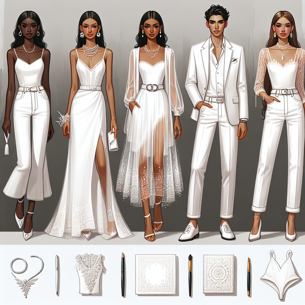 Design an image showcasing a range of effortlessly chic outfits perfect for a white party. The collection should feature various styles like an elegant white evening gown with intricate beadwork, a stylish white suit with slim fit trousers, and a trendy white jumpsuit with a belted waist. Include accessories such as a simple pearl necklace, a flashy diamond brooch, and a delicate lace handkerchief. Set the outfits against a minimalist backdrop to make the clothes stand out. Inclusion of a range of individuals from diverse descents like Hispanic, Middle-Eastern, and South Asian, both male and female, wearing the outfits is preferred.