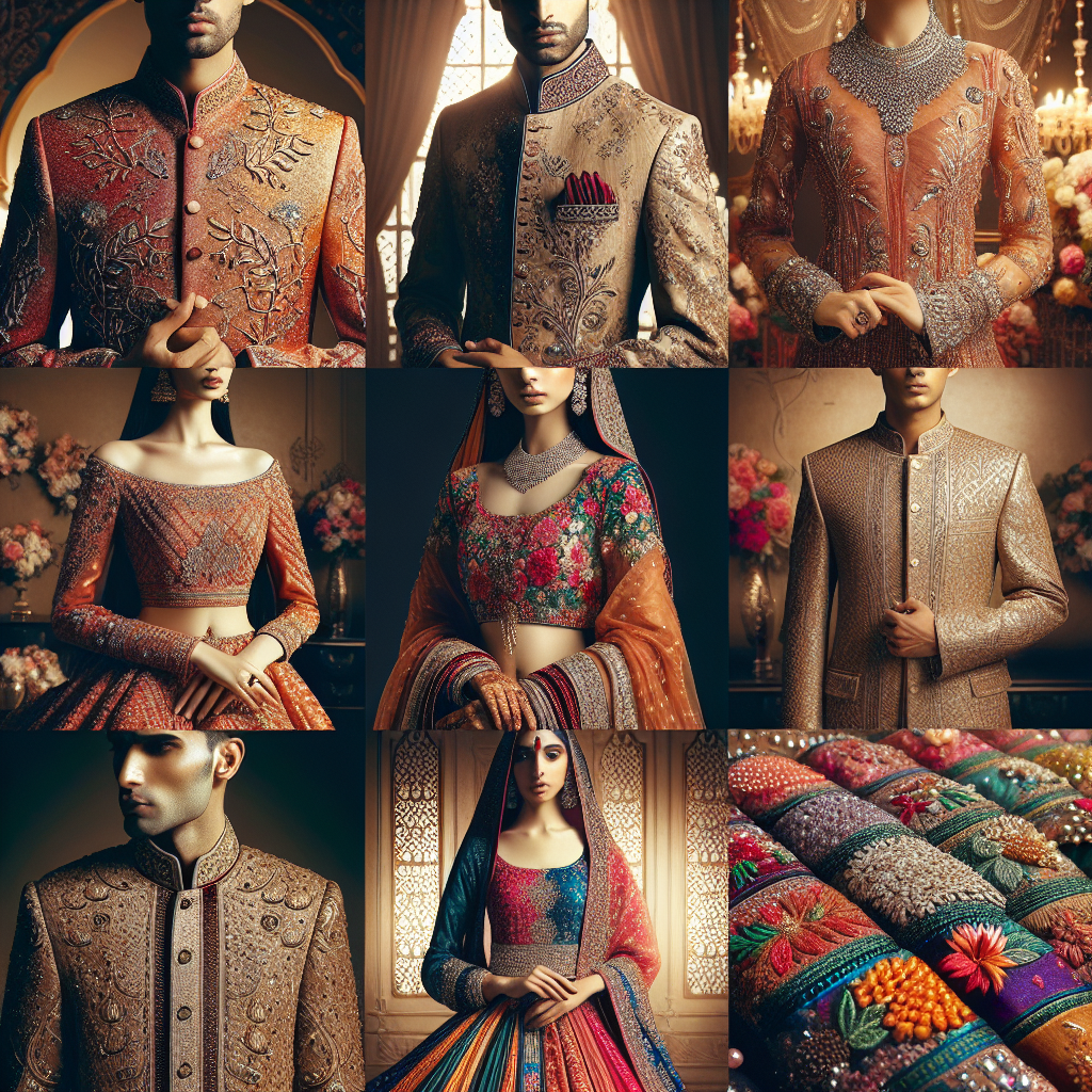 Stunning Outfits for Pakistani Weddings: Must-See Styles Imagine an assortment of detailed and vibrant wedding outfits originating from Pakistan. Focus on variety, displaying a range of styles preferred for such momentous occasions. Concentrate on the intricate embroidery often found in traditional attire, the rich and varied color palettes, and the incorporation of luxurious fabrics such as silk and satin. Make sure to showcase diversity and inclusivity; include a South Asian man presenting a sherwani adorned with delicate gold threadwork, and a South Asian woman elegantly attired in a richly colored lengha choli detailed with stunning beadwork and sequins.