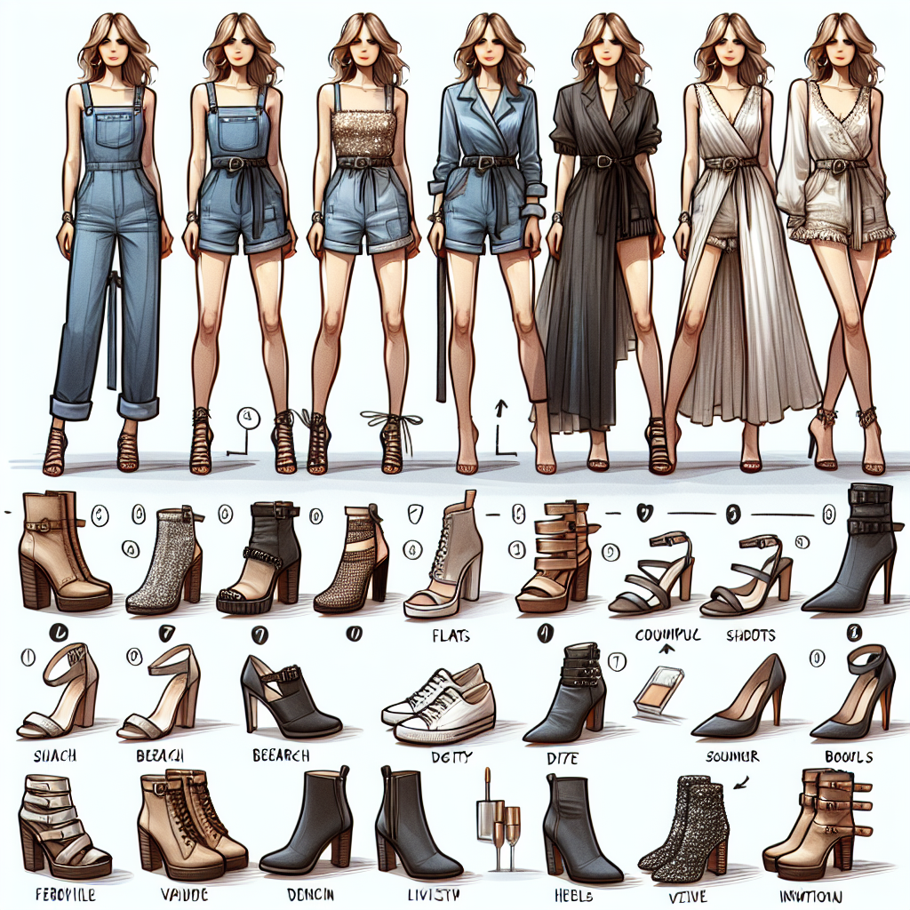 Stunning Shoe Pairings for Every Romper Style Visualize a series of fashionable shoe pairings for a variety of romper styles. The image should include a variety of shoes such as chic flats, edgy boots, and elegant heels. Each shoe type should correspond to a different romper style, like beach-inspired, city chic, and black-tie events. Details of the shoes and rompers are important, so make sure to include elements like buckles, sequins, denim, or ruffles to showcase the intricacy of the outfits. Additionally, place the shoes next to their paired romper style to indicate the match. The overall look should be modern, stylish and visually appealing.