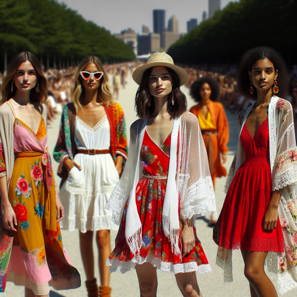 Imagine a broad outdoor scene on a sunny day. In the foreground, there are three women showcasing their fashion sense. The first woman, of South Asian descent, is wearing a vibrant sundress with floral patterns, complemented by a delicate sheer lace cover-up. The second woman, of Hispanic descent, sports a crisp white sundress, given an extra touch of style with her colorful bohemian-style wrap. The third woman, of African descent, is wearing a bright red sundress, gracefully overlaid by an elegant, modest cardigan. The scene is a celebration of style, uniqueness, and sunny weather.