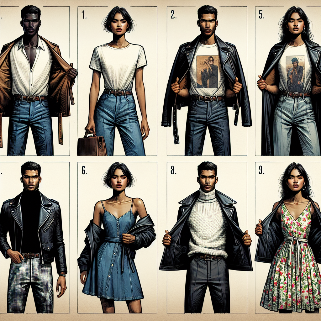 Essential Styles to Wear Under a Leather Jacket Create an image that depicts a fashion showcase scene with four distinct outfits meant to be worn under a leather jacket. 1) The first outfit includes a white linen shirt worn by an African-Descent male, paired with slim blue jeans. 2) The second look is on a Caucasian female and includes a graphic t-shirt paired with a denim skirt. 3) The South Asian male model presents a black turtleneck sweater with charcoal gray trousers. 4) The last outfit, worn by a Hispanic female, includes a floral print summer dress. All models wear leather jackets open to reveal their outfits.