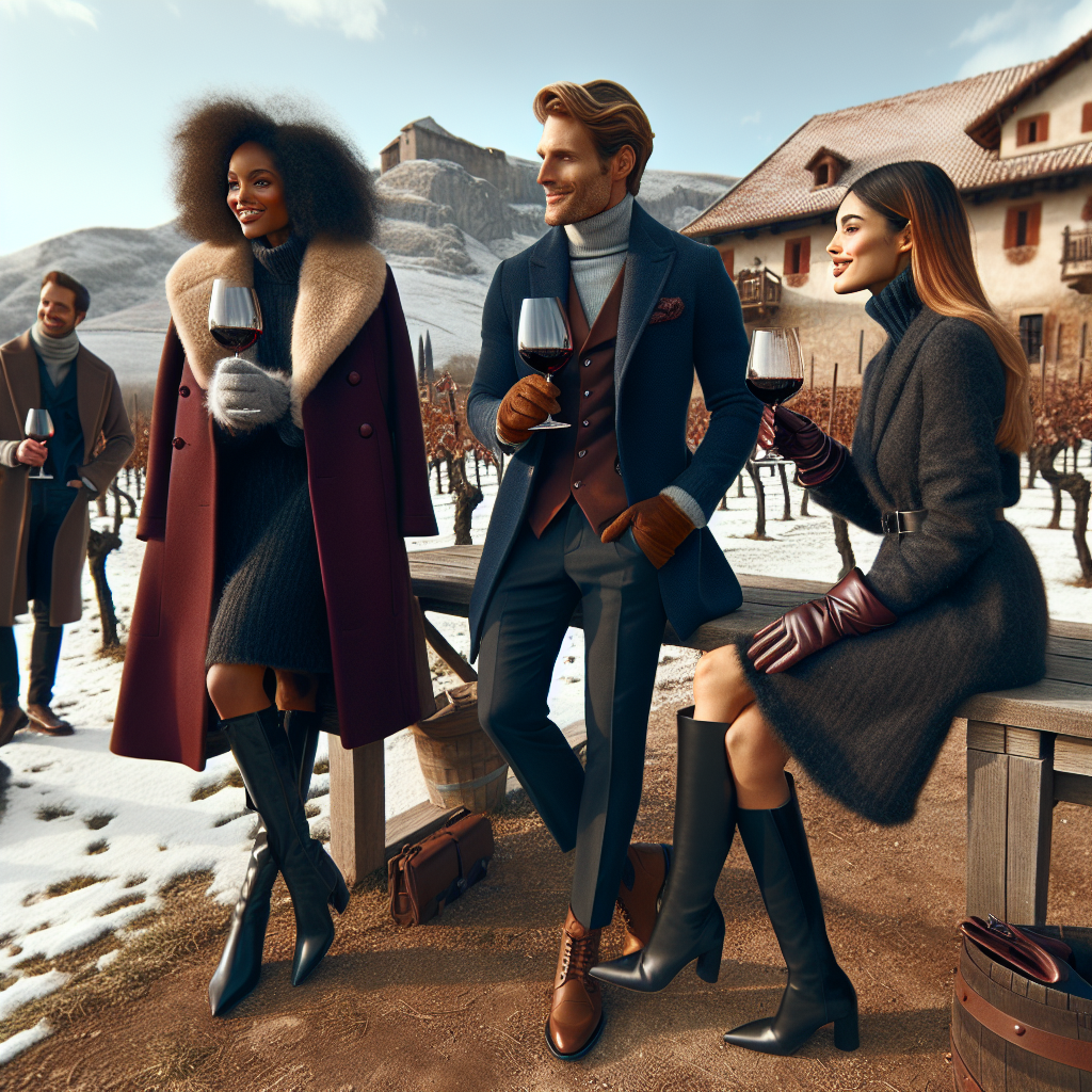 Winter Winery Style: Discover Must-Have Chic Outfits A beautiful winter winery scene with stylishly dressed people enjoying the scenery. There are three individuals: a Black woman dressed in an elegant burgundy coat, boots, and a fur-trimmed hat; a Caucasian man in a tailored navy blue jacket with warm brown leather gloves; and a Middle-Eastern woman in a chic charcoal grey woolen dress with knee-high boots. The background showcases a historical winery building surrounded by bare winter vineyards under the snow-covered mountain and a clear blue sky. They're all holding glasses of red wine, having a cheerful conversation.