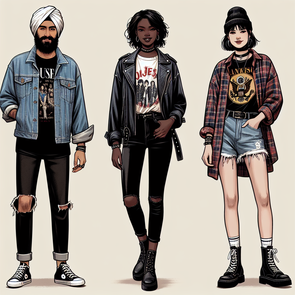 Create an image collage of three diverse concert-goers dressed for a popular alternative rock band's concert. The first person, a Middle-Eastern male, is seen in a denim jacket layered over a band t-shirt, black jeans, and classic white sneakers. The second person, a Black female, wears a stylish leather jacket, a distressed band tee, ripped black skinny jeans, and ankle boots. The third person, a Caucasian non-binary individual, is sporting a grunge-style plaid shirt over a vintage band tee, distressed denim shorts, combat boots, and a beanie. Remember to echo the energy and vibes of an alternative rock concert atmosphere.