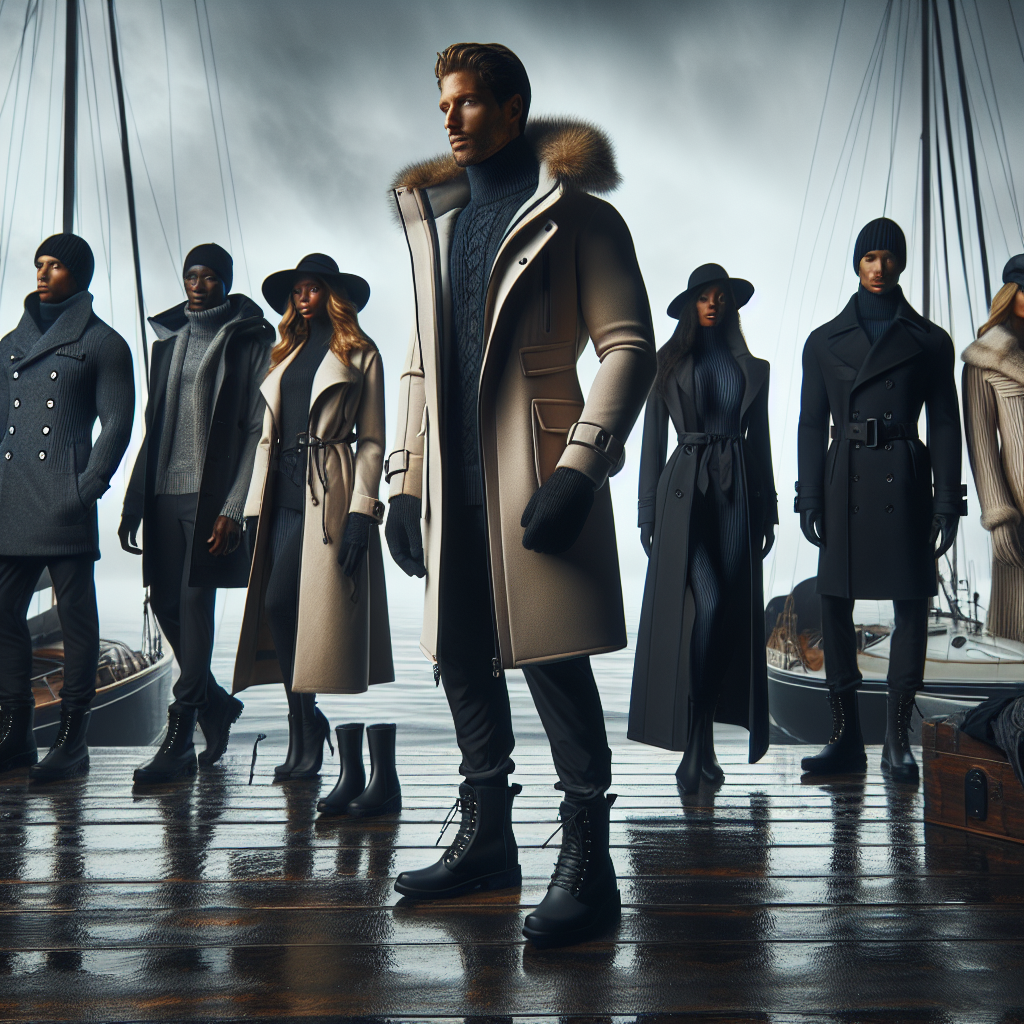 Boat-Ready Styles: Effortless, Must-Have Cold Weather Gear In an atmospheric setting with a chilly breeze, envision a fashion showcase of cold weather gear designed for boating. Display a selection of outerwear, hats, gloves, and boots that are weather-appropriate, waterproof, and fashionable. Each item should look effortlessly classy and practical for boat life. Imagine a male model of Black descent sporting stylish thermal jacket, a female model of White descent donning a water-resistant trench coat, and a model of Hispanic descent wearing luxurious, fur-lined boots. These ensembles should exude warmth and sophistication, enhancing the allure of cold weather boating.