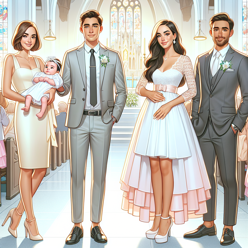 Create a detailed and comprehensive image that depicts a diverse group of parents at a baptism ceremony. Display two couples, each with a baby in baptismal outfits. Show one couple to be Caucasian standing on the left side of the frame, with the woman wearing an ivory knee-length dress and the man dressed in formal pants and a light color dress shirt. The second couple on the right side, of Hispanic descent, with the man in a dark grey suit and the woman sporting a mid-length pastel color dress. The setting should be in a brightly lit church with stained glass windows. Illustrate them in a celebratory and joyful moment.