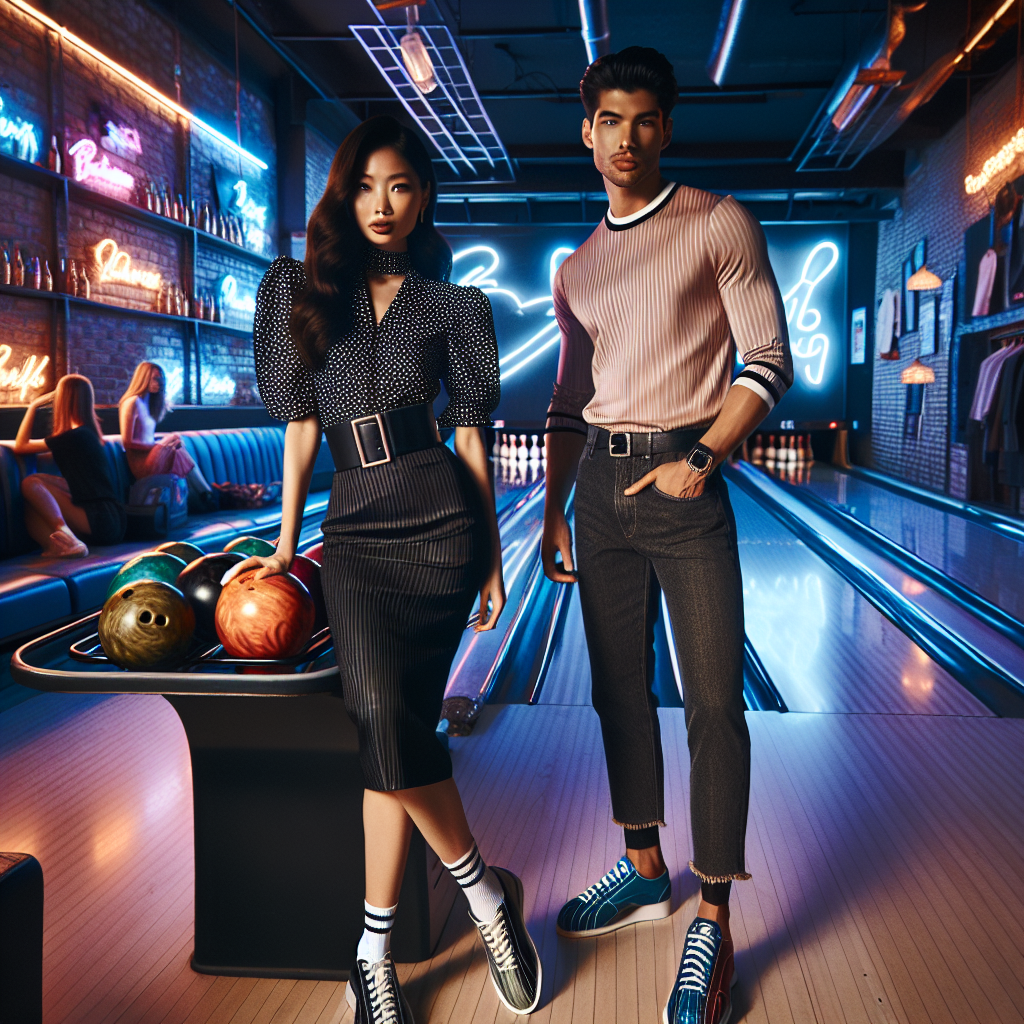 Stunning Outfits for Your Bowling Date: Find Your Style Imagine a charming, dimly lit bowling alley with alluring neon lights. In the forefront, an Asian woman wearing a fashionable, retro-inspired outfit, complete with a polka-dot blouse, pencil skirt and bowling shoes. Beside her is a Hispanic man styled in a trendy, casual attire of a fitted tee, jeans and sleek bowling shoes. Their fashion choices hint a blend of comfort and aesthetic appeal, making them stand out in the crowd. On a table nearby, a variety of other cool and trendy bowling outfits can be seen.