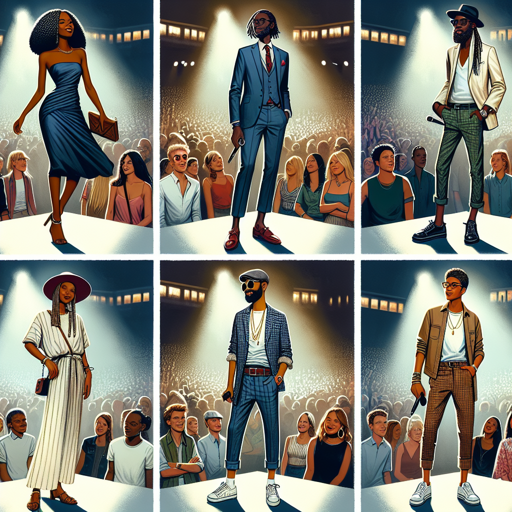 Create an illustrative image depicting a concert environment. Show different racially diverse individuals (Black woman, Middle-Eastern man, Hispanic woman, White man) in effortlessly stylish outfits that stand out in the crowd. Each individual should be dressed distinctly for different music genres - like a sophisticated dress suited for a classical music concert, trendy street style wear for a hip-hop gig, a laid-back outfit for a reggae concert, and a dressy, chic look for a jazz show. These fashionable outfits should exude a sense of individuality, comfort, and effortless style. The crowd and mood lighting of the concert location should also be visible in the background.