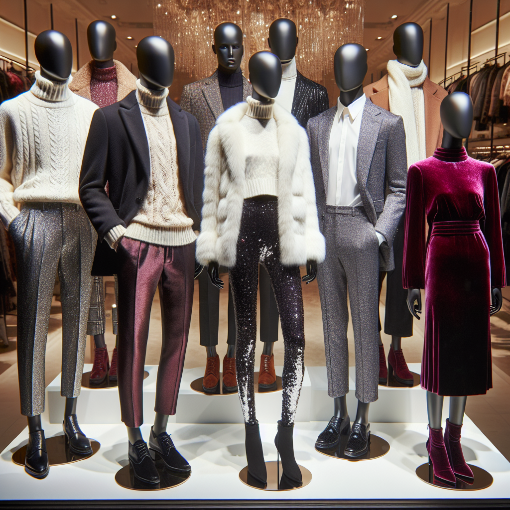 Stunning Winter Concert Outfits: Dress to Impress! Imagine an attractive array of winter concert outfits. Picture a row of mannequins in a stylish retail store window. The first mannequin is an Asian female showing off a cozy and chic woolen turtleneck with glittery black sequinned leggings and suede ankle boots. Next to her, a Hispanic male in an elegant, black velvet blazer, a cream cashmere sweater, and shimmery silver trousers. Then there's a Middle-Eastern female in a lustrous crimson velvet dress paired with a white faux fur coat and knee-high boots. Lastly, a Black male in a tailored cobalt blue suit, white silk shirt, and polished burgundy brogues. All ready to impress at a winter concert.
