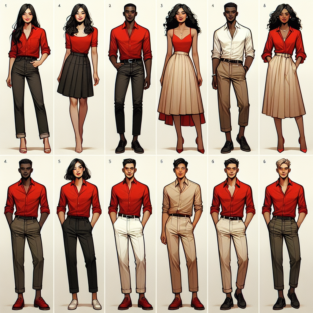 Red Shirt Outfit Guide: Effortless & Stunning Combos Visual guide for styling a red shirt. The image features six different outfit combinations. The first ensemble showcases a red shirt paired with chic dark denim jeans worn by a Caucasian woman. The second look, modeled by a Black man, combines a red shirt with tailored black trousers. In the third outfit, a Middle-Eastern woman is seen wearing a red shirt with an elegant beige skirt. The fourth ensemble on a Hispanic man presents a red shirt with khaki pants. For the fifth style, a South Asian woman pairs her red shirt with white capris. The sixth depicts a white man combining a red shirt with stylish olive-green chinos.