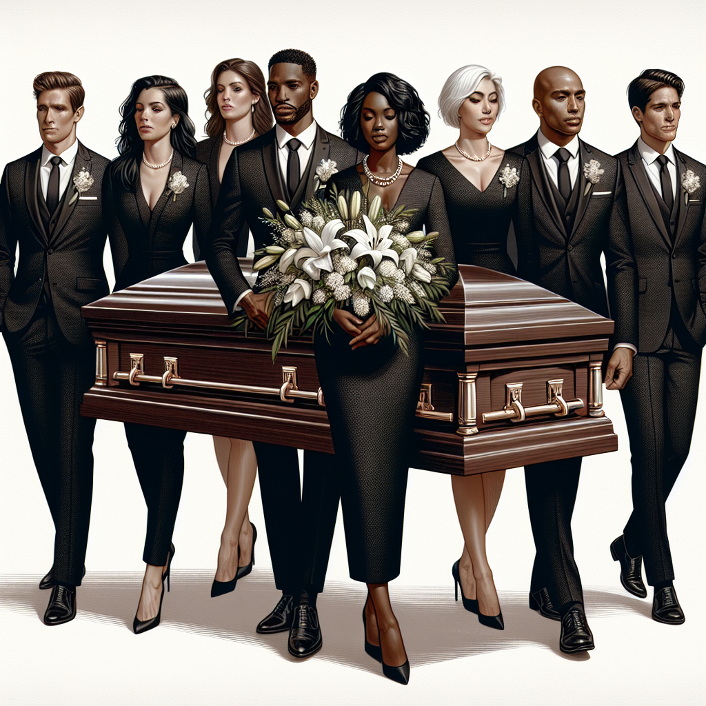 Illustrate a scene depicting six pallbearers of various descents and genders - a Caucasian man, a South Asian woman, a Black man, a Middle-Eastern woman, a Hispanic man, and a White woman - all dressed in stunning outfits exemplifying effortless elegance. They are carrying a sleek, mahogany casket decorated with a spray of white lilies. Each pallbearer's outfit could consist of well-tailored suits for the men and distinguished dresses for the women, all in respectful hues of black or charcoal grey. Their attire is enhanced by impeccable accessories - tasteful tie clips for the men and delicate pearl necklaces for the women.