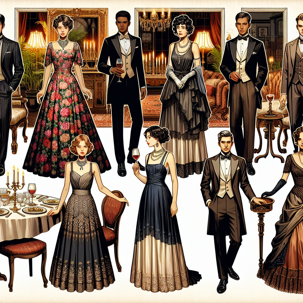 Create a detailed illustration presenting a collection of stunning dinner outfits suitable for a Murder Mystery event. Show a selection of costumes for men and women of different descents including Asian, African, Caucasian, and Hispanic. The scene should include an elegant floral-patterned evening dress, a sleek black tuxedo, a vintage suit from the 1920s, and an outfit in the style of a Victorian era damsel. Also, suggest an environment that evokes the suspense and drama typically associated with murder mystery dinners, perhaps using dimmed lights, rich colors, ornate furniture, and antique decor elements.