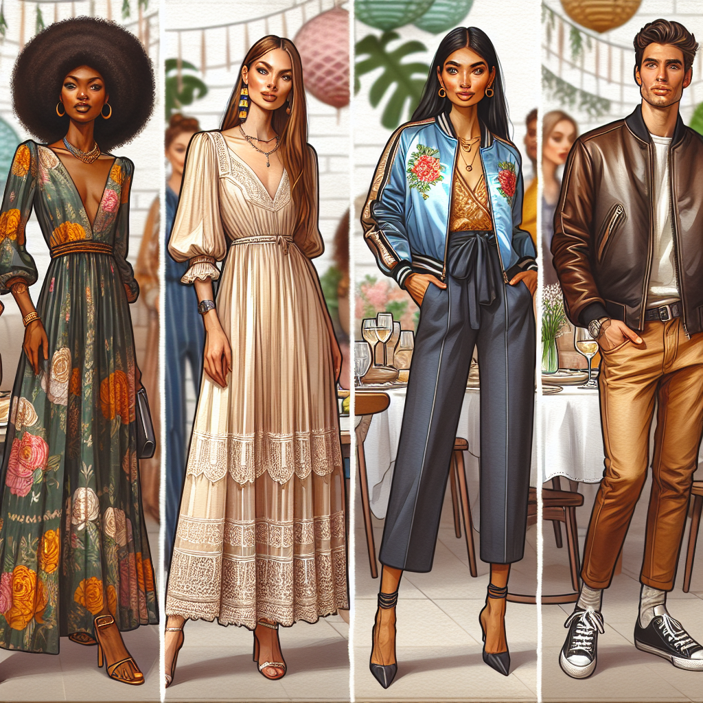Stunning Outfits for Baby Shower Guests & Bomber Jackets Picture a lavish baby shower celebration, with guests dressed in their finest attire. Show three women: an African woman in a stylish floral maxi dress, a Caucasian woman in an elegant midi dress with lace detailing, and an Asian woman wearing a chic jumpsuit. All of them are wearing colorful accessories. In the same scene, present two men: a South Asian man wearing a classy bomber jacket over a colored shirt and formal pants, and a Hispanic man in a contemporary leather bomber jacket with casual jeans. All in a tastefully decorated setting, reflecting the spirit of celebration.