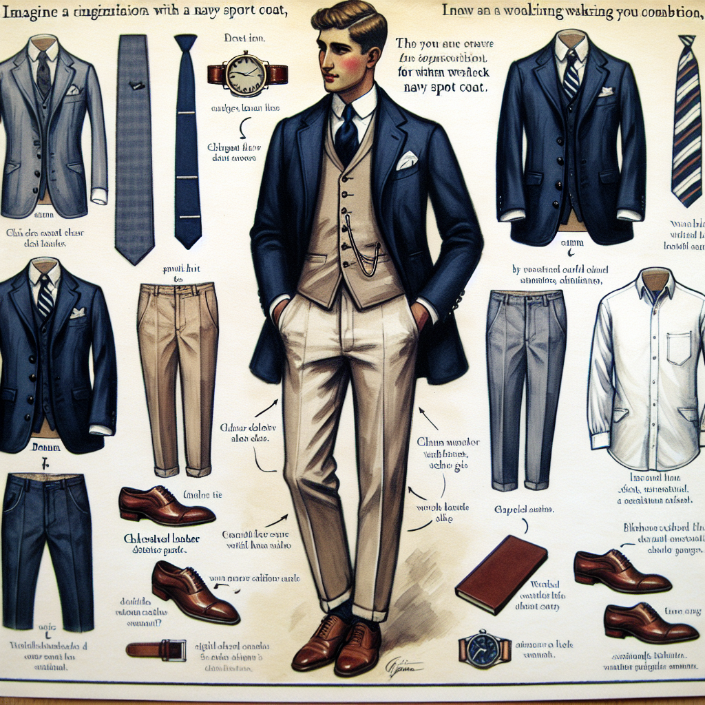 Imagine a detailed fashion illustrative guide, showing a stylish man, possibly of Hispanic descent, donned in a navy sport coat. The man is presenting an array of combination suggestions of different attires that can be worn with the navy sport coat. These options include, but are not limited to, light-colored chinos, denim, white shirt, striped tie, chestnut leather shoes and accessories like a pocket square and wrist watch. The whole setup is tastefully arranged with captions and labels for each item, drawn in a Victorian-era art style with ink and watercolor medium.
