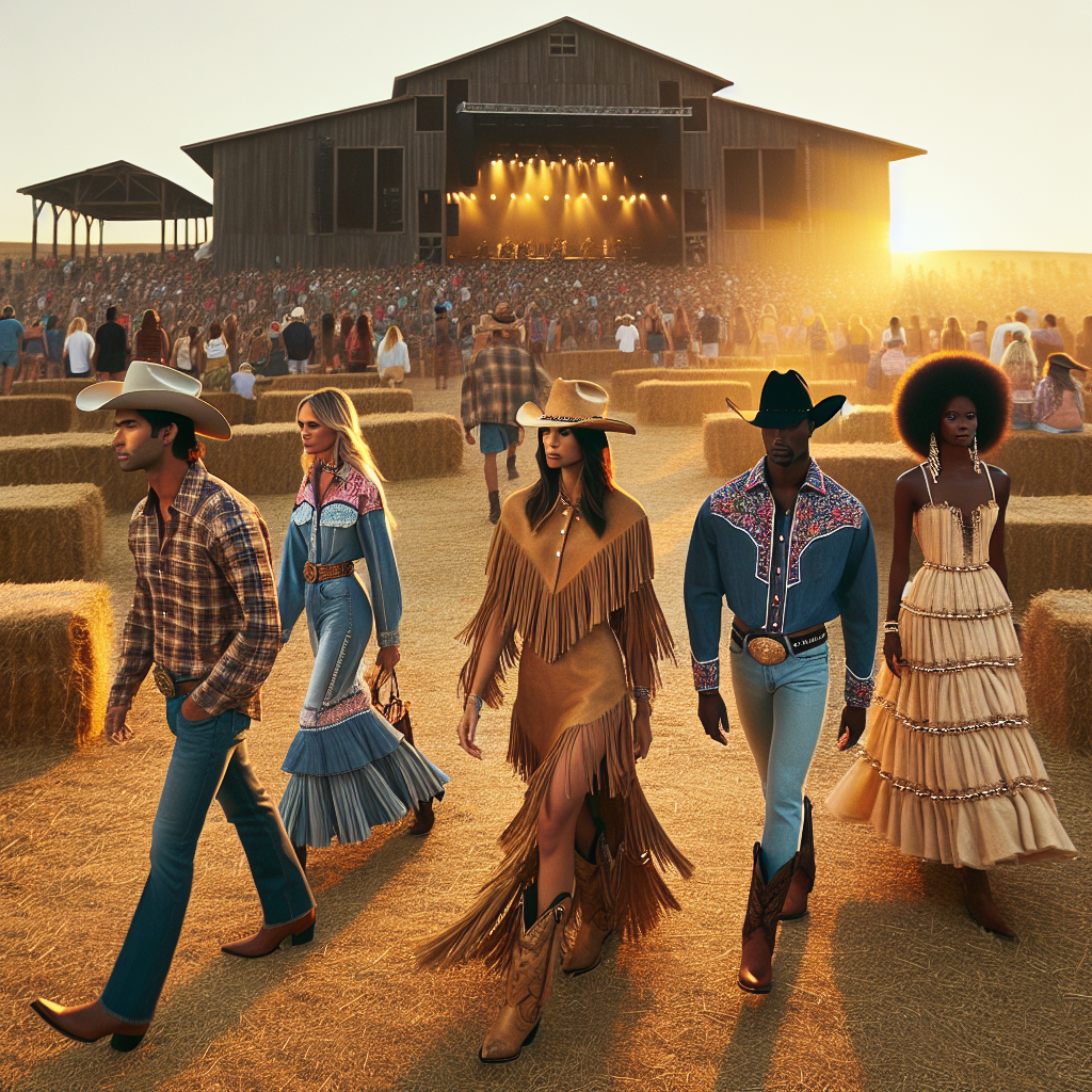 Imagine a bucolic country setting as the sun starts to set. The golden light reflects off the hay bales as lines of excited people of diverse descents dressed in striking outfits make their way toward a large rustic stage. A South Asian woman is in a stylish fringe denim jacket paired with cowboy boots, a Hispanic man dons a plaid shirt teamed up a rugged cowboy hat, and a black woman is in a flowing sundress adorned with beadwork. Each display their different interpretations of iconic country concert fashion, their exploratory style choices making them stunning and memorable.